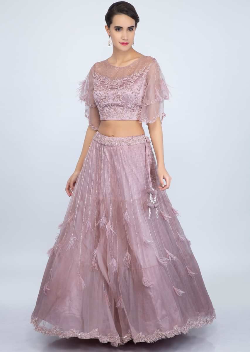 Mauve Pink Lehenga Set In Embroidered Organza With Ruffled Dupatta Online - Kalki Fashion