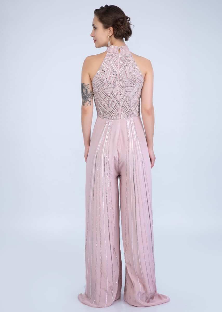 Mauve Pink Jumpsuit With Halter Neck And Embroidered Bodice Online - Kalki Fashion
