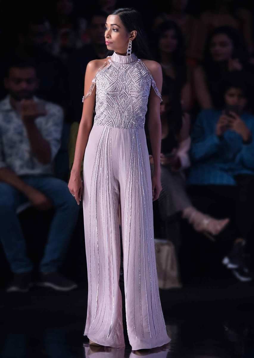 Mauve Pink Jumpsuit With Halter Neck And Embroidered Bodice Online - Kalki Fashion