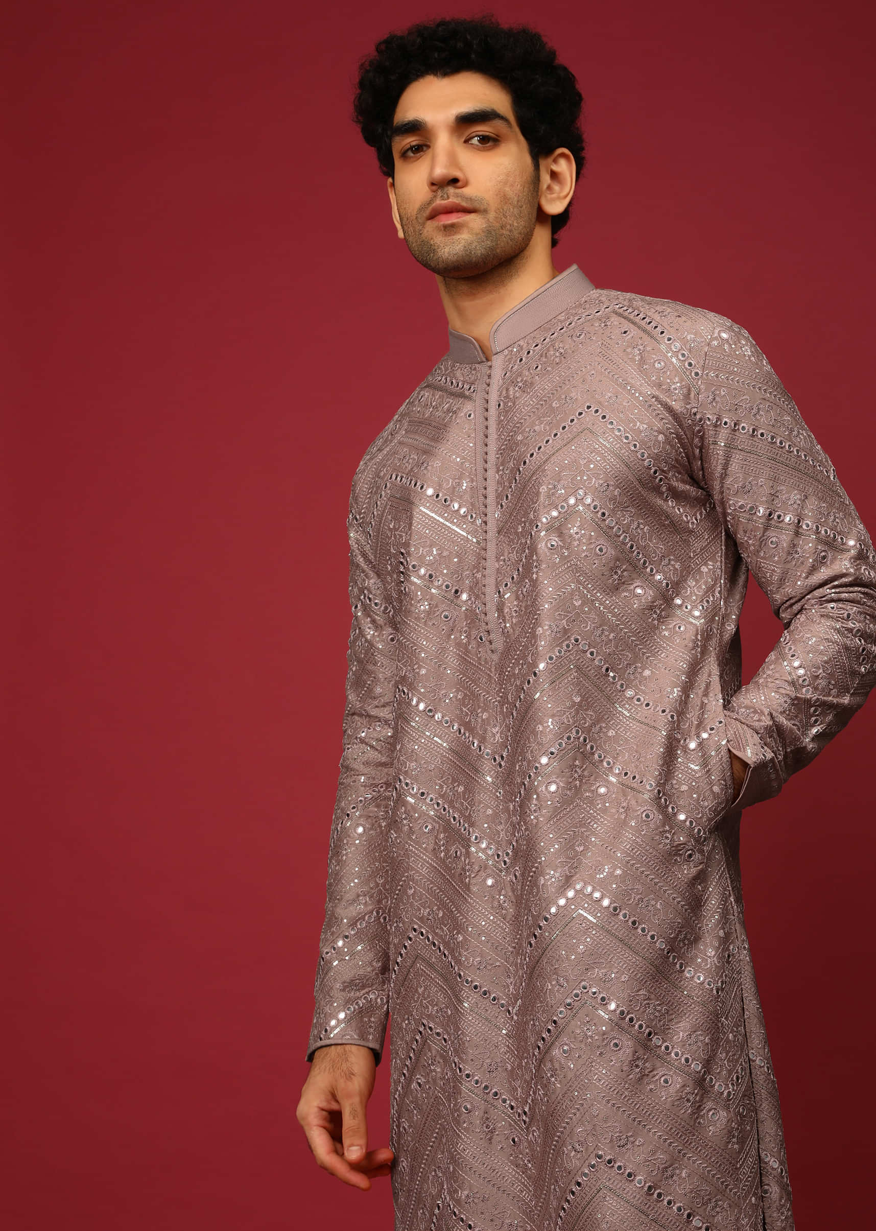 Mauve Pink Kurta Set In Raw Silk Heavily Embroidered With Resham And Mirror Embroidery In Floral And Chevron Design  