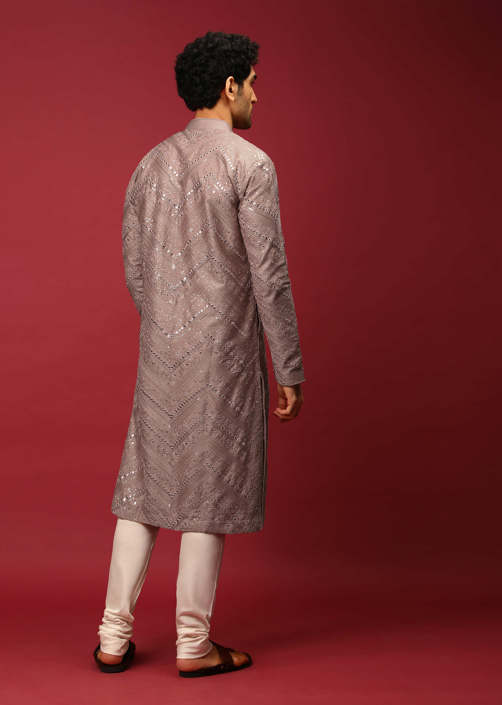 Mauve Pink Kurta Set In Raw Silk Heavily Embroidered With Resham And Mirror Embroidery In Floral And Chevron Design  