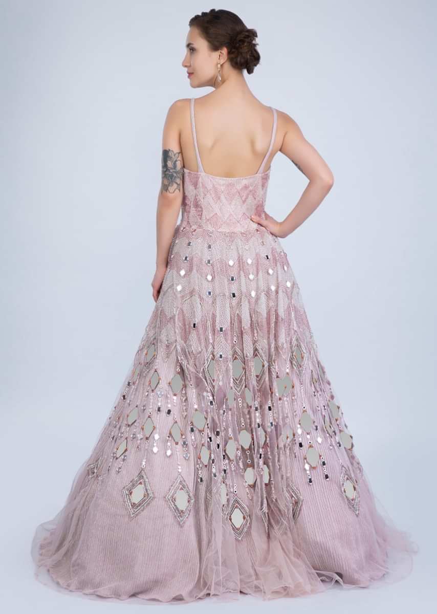 Mauve Pink Flared Gown In Mirror Embroidered Net