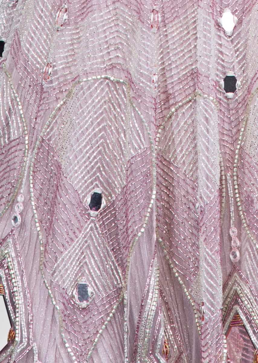 Mauve Pink Flared Gown In Mirror Embroidered Net