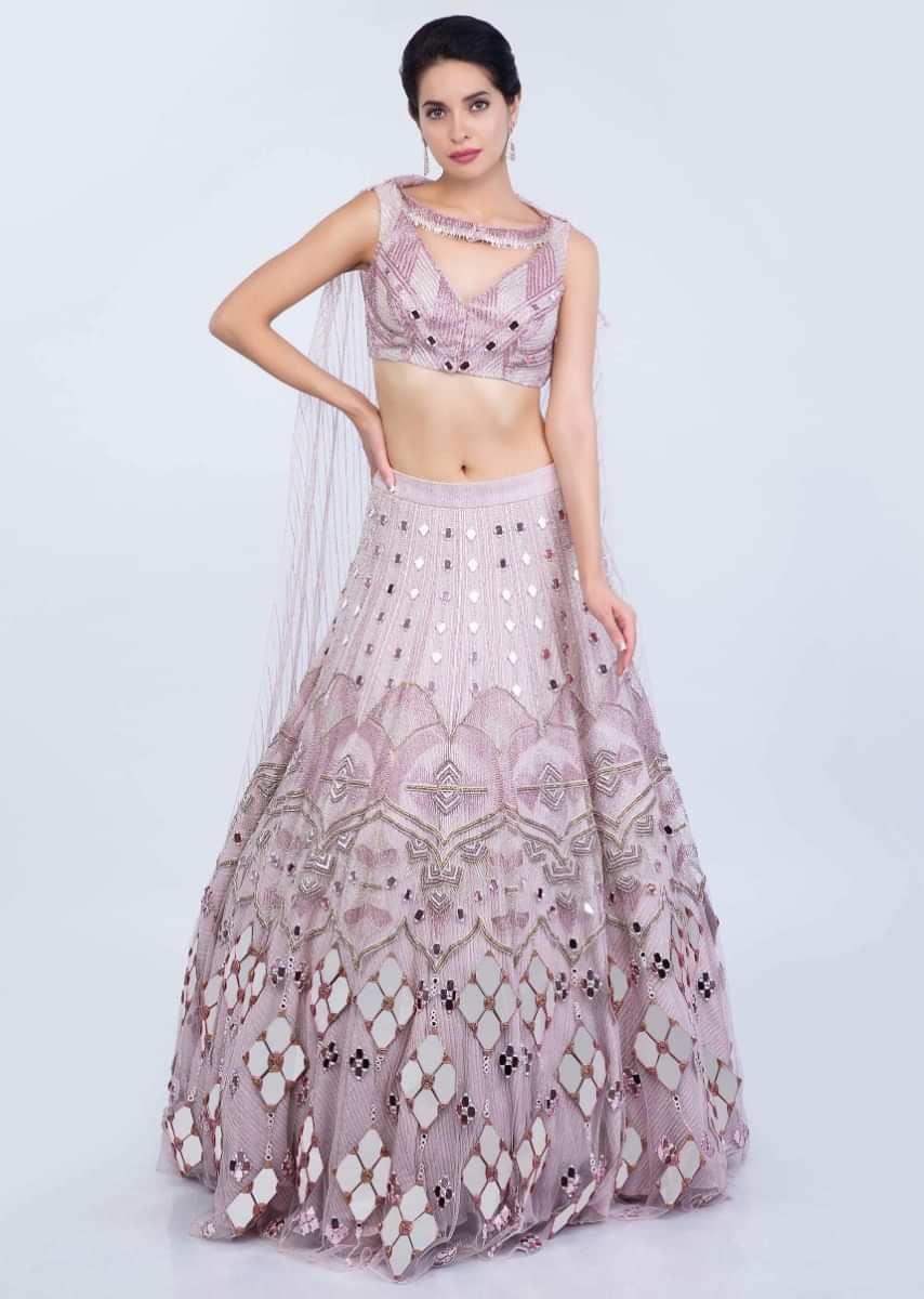 Mauve Pink Lehenga With Mirror Embroidery And Fancy Blouse Designed With Attached Dupatta Online - Kalki Fashion