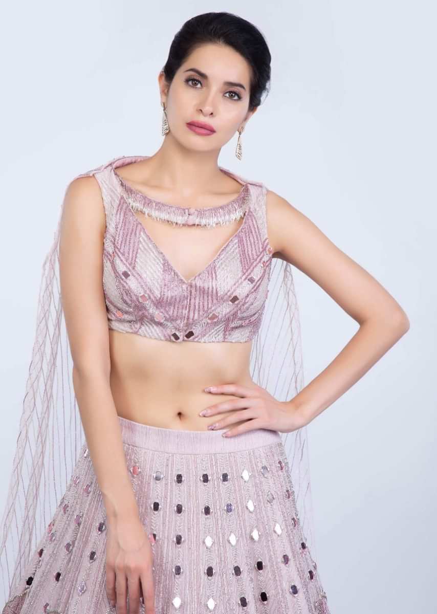 Mauve Pink Lehenga With Mirror Embroidery And Fancy Blouse Designed With Attached Dupatta Online - Kalki Fashion