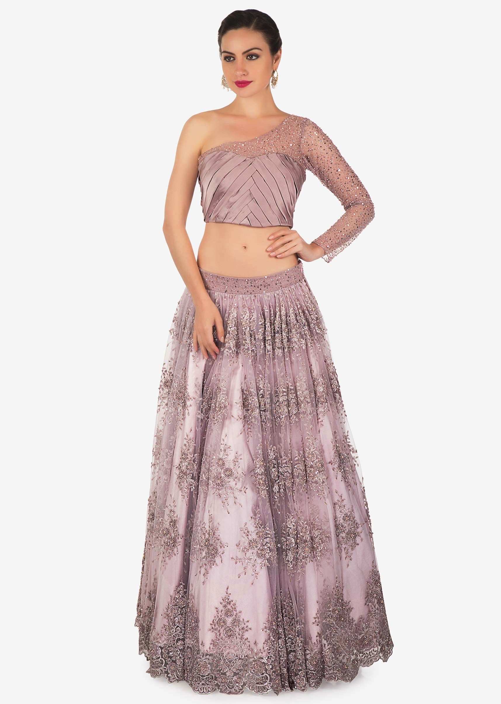 Mauve Satin and Net Lehenga Blouse Set Featuring Embroidered Net Only on Kalki