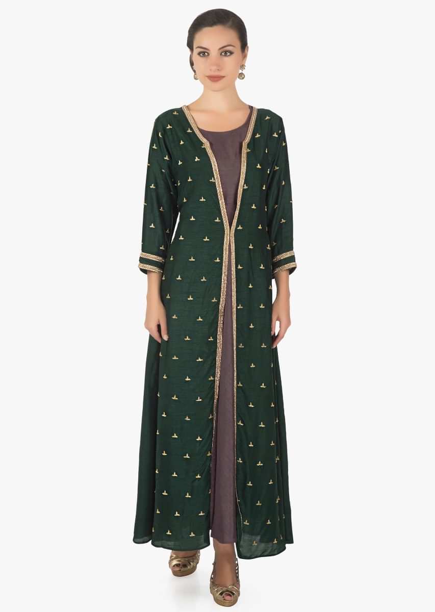 Mauve kurti matched with rani green cut dana embroidered jacket 