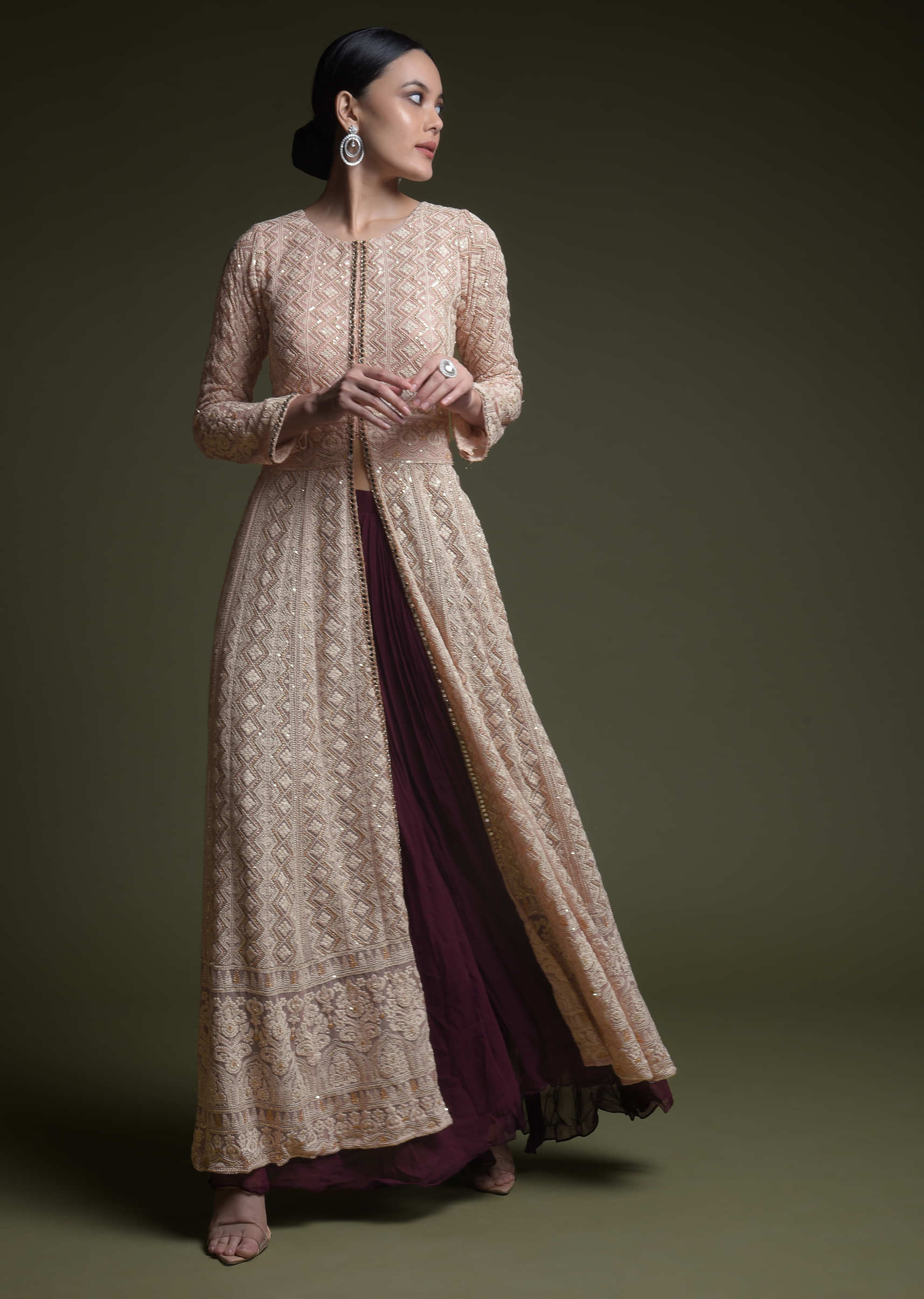 Mauve And Grape Purple Palazzo Suit With Front Slit Anarkali Top Adorned In Lucknowi Work