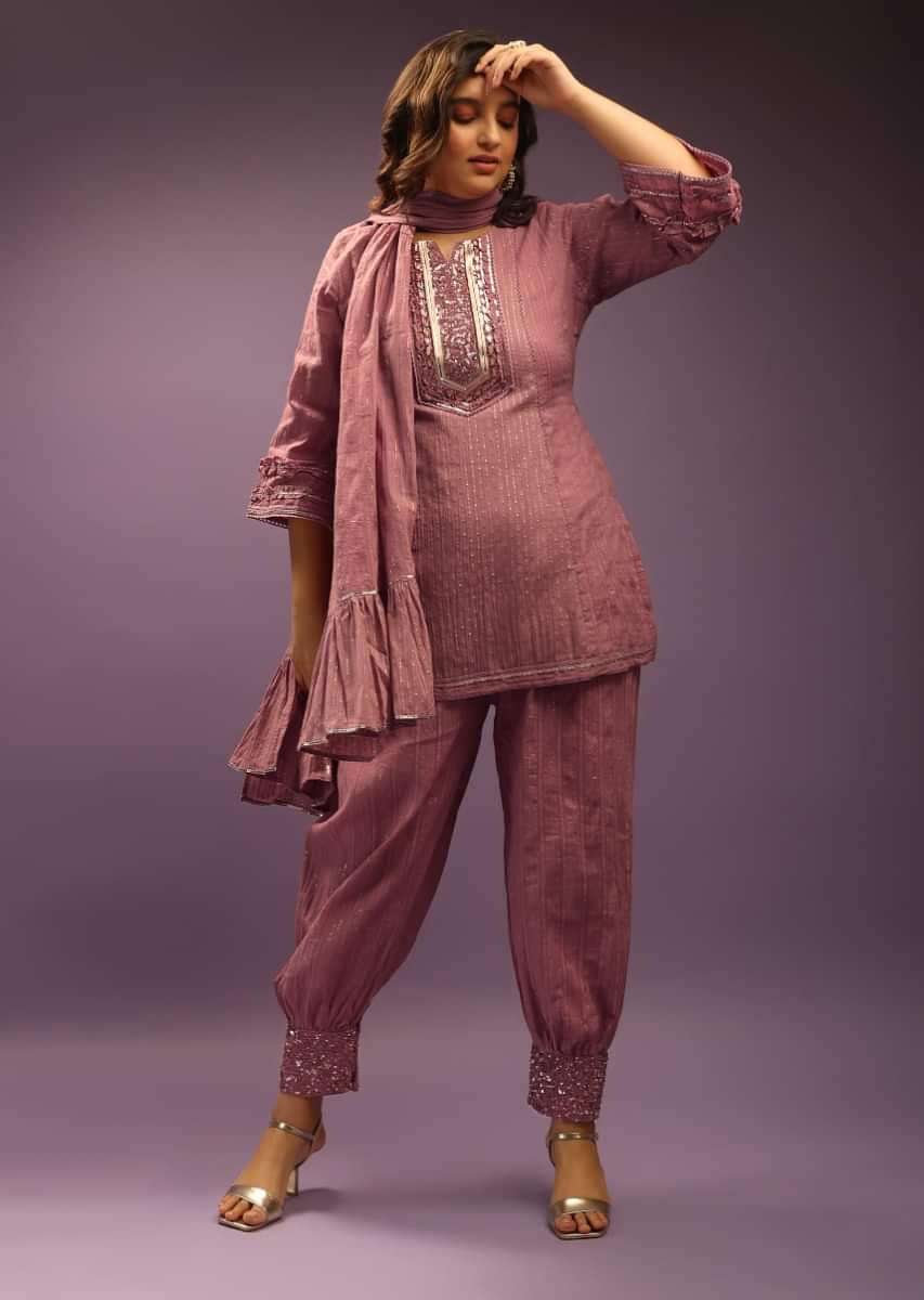 Mauve Dhoti Suit In Cotton With Gotta Patti Embroidered Yoke And Bell Sleeves  
