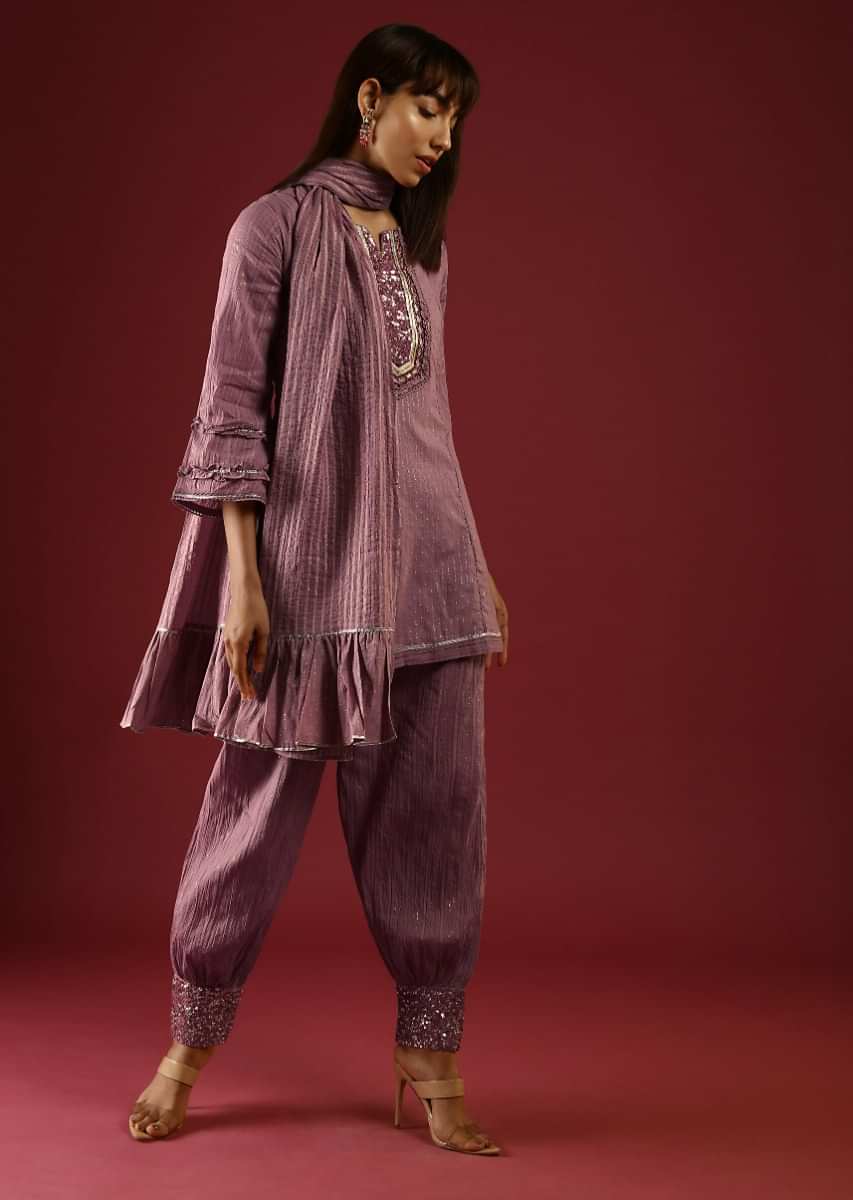 Mauve Dhoti Suit In Cotton With Gotta Patti Embroidered Yoke And Bell Sleeves  