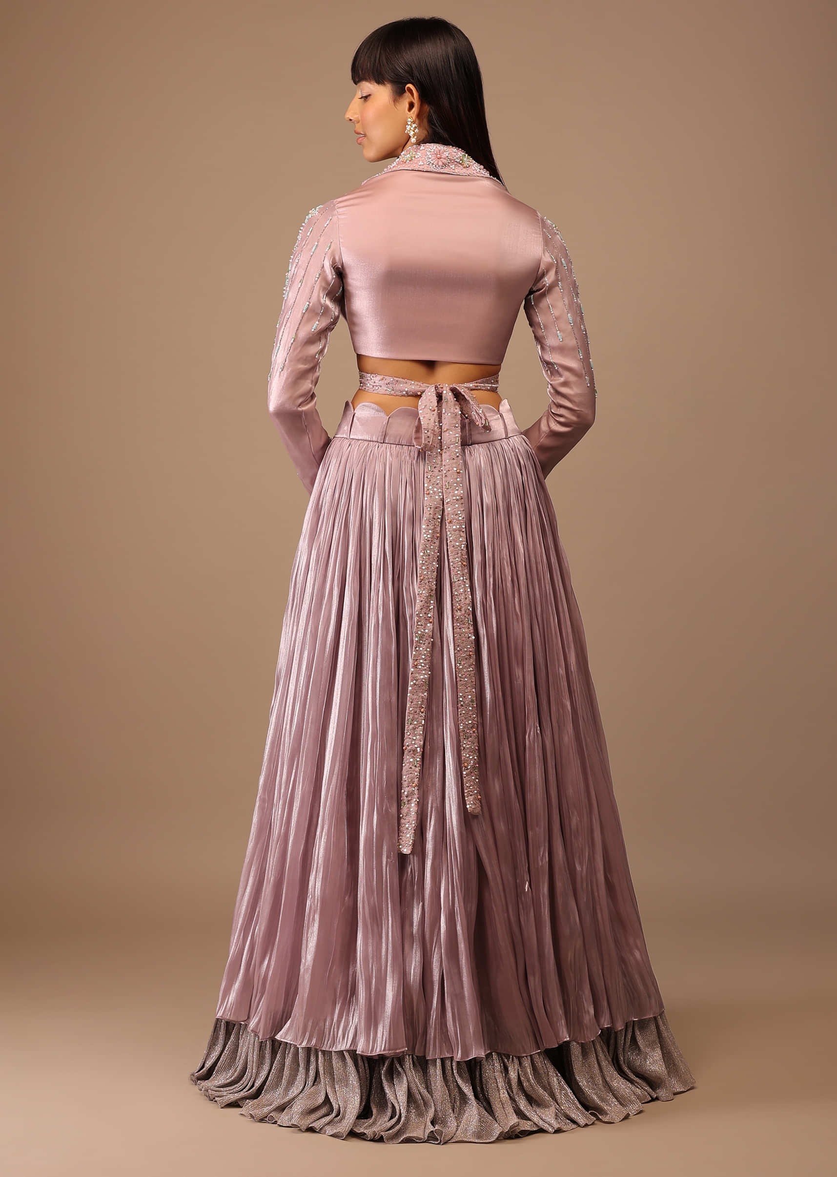 Powder Pink Two-Toned Layered Skirt With Hand Embroidered Tie -Up Crop-Top