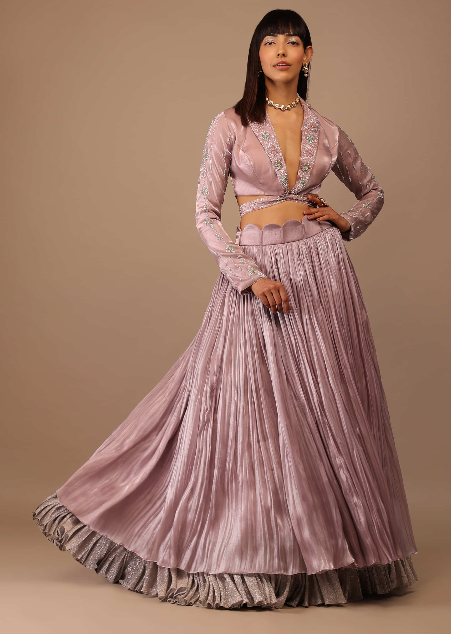 Powder Pink Two-Toned Layered Skirt With Hand Embroidered Tie -Up Crop-Top