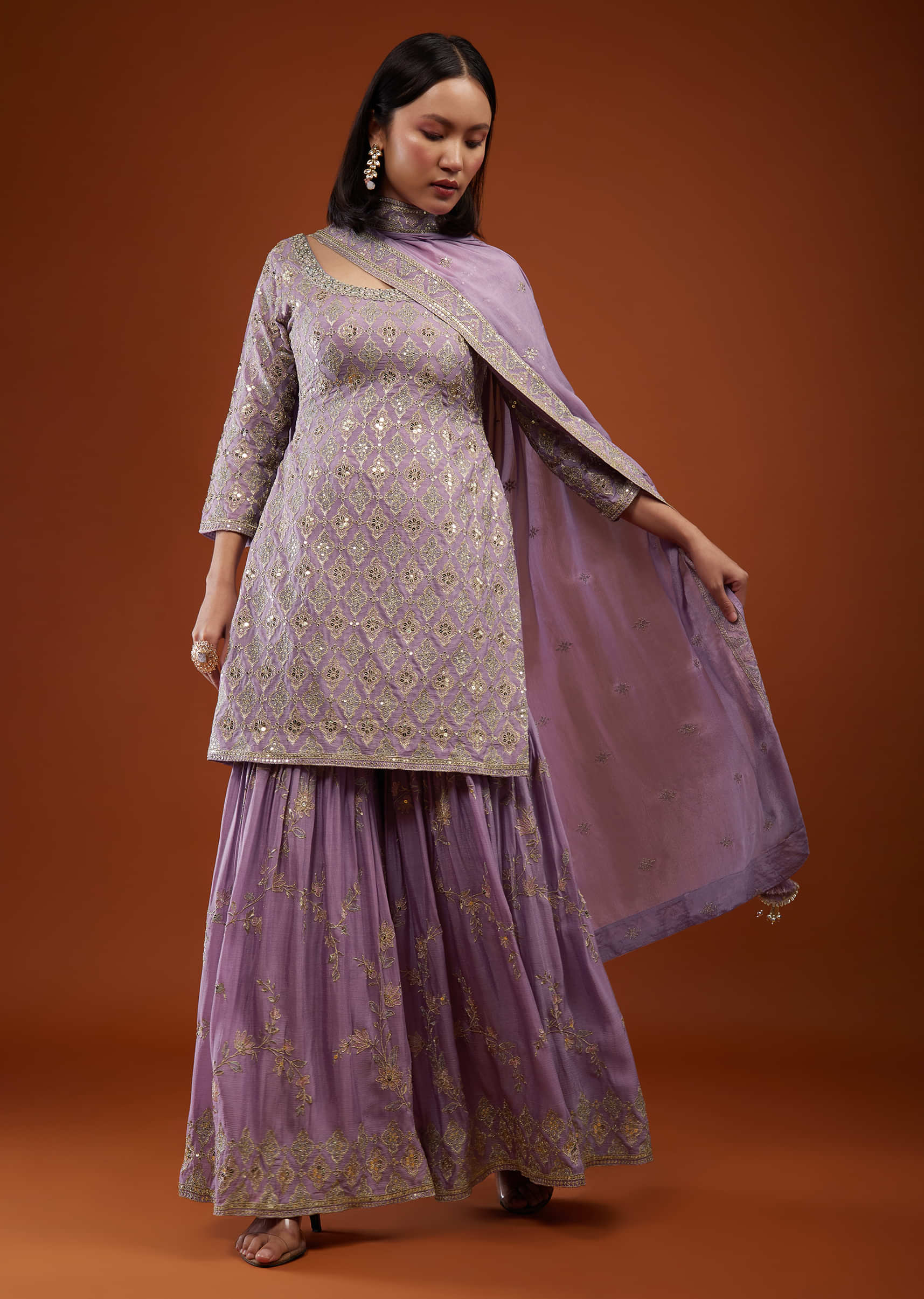 Mauve Mist Purple Sharara Suit With Embroidery 