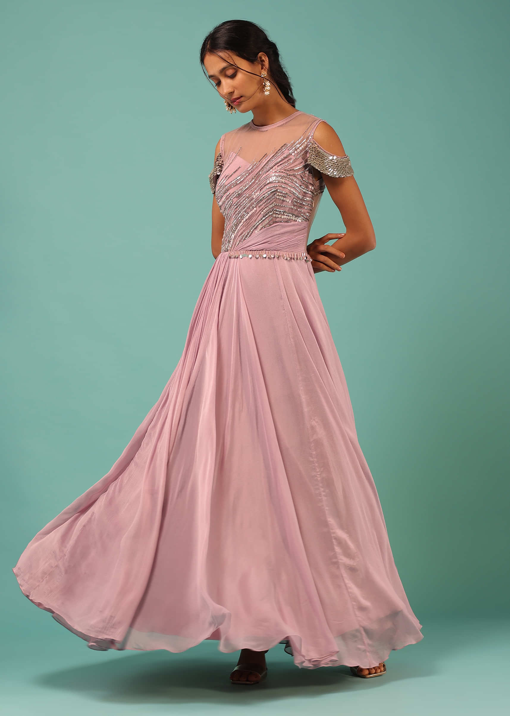 Buy Rose Pink Gown In Chiffon With Sequins And Cut Dana