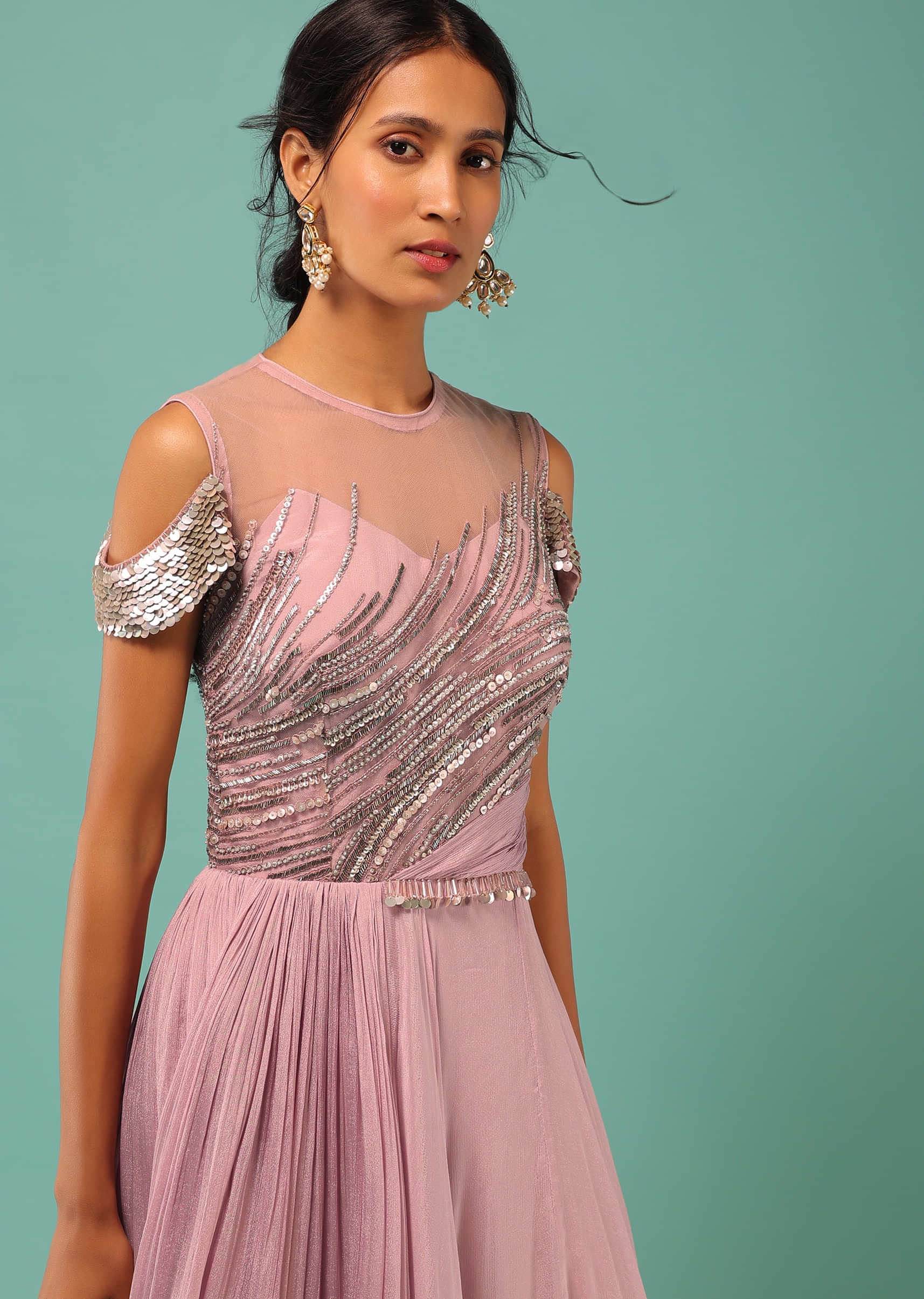 Rose Pink Gown In Chiffon With Sequins And Cut Dana Embroidered Bodice With Sequins Cold Shoulder Sleeves