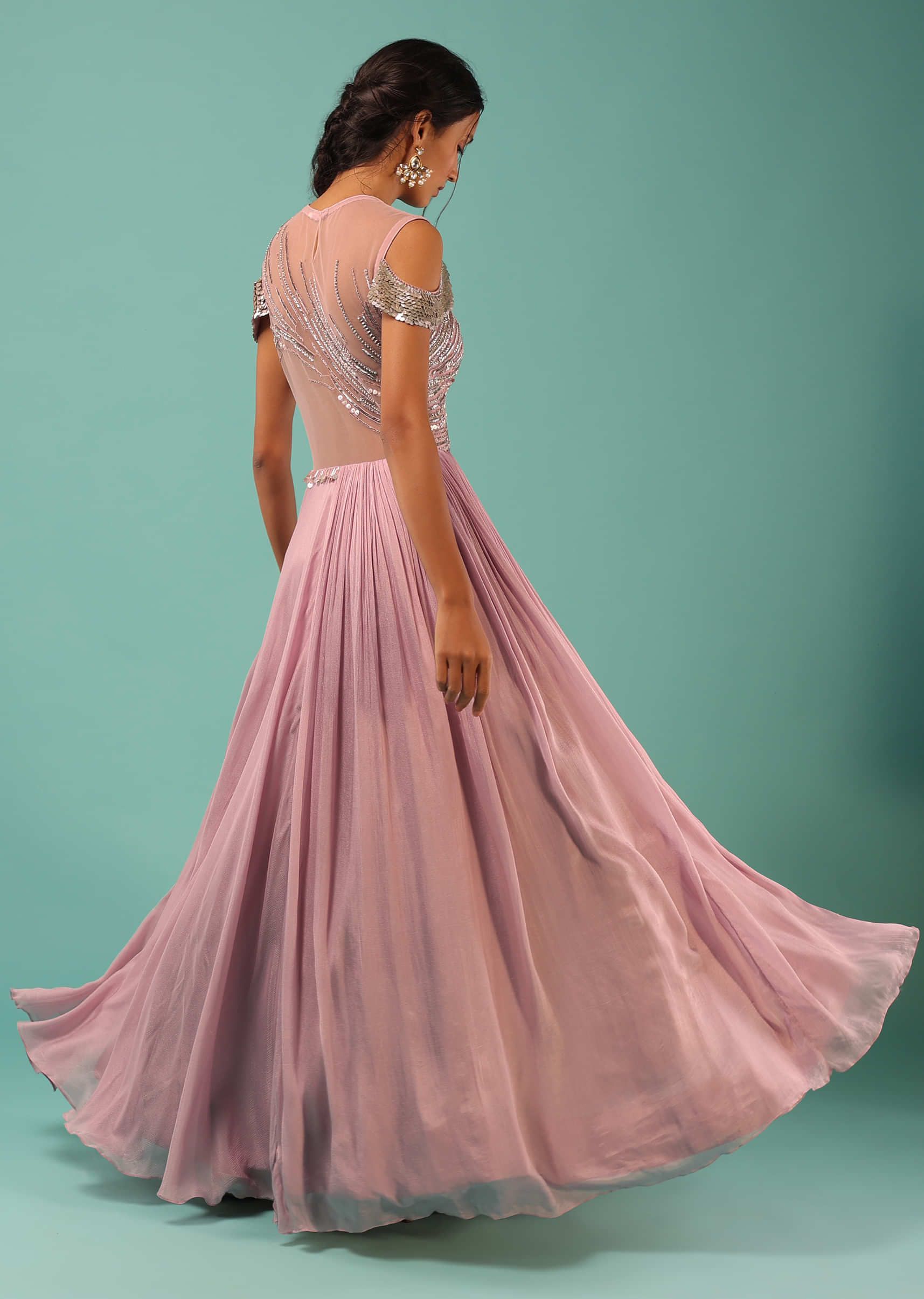 Rose Pink Gown In Chiffon With Sequins And Cut Dana Embroidered Bodice With Sequins Cold Shoulder Sleeves