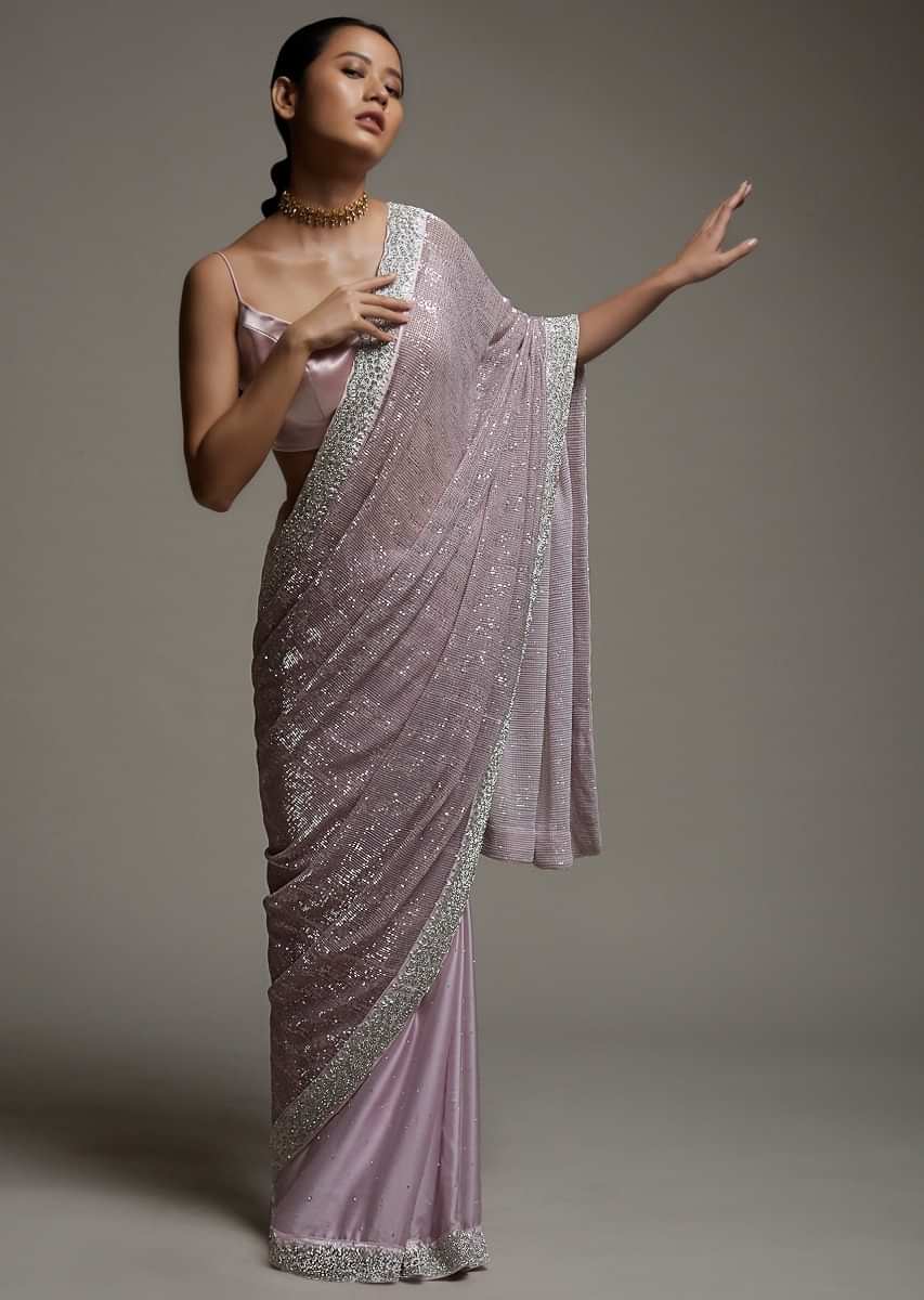 Mauve Pink Half And Half Saree In Crepe With Crushed Sequins Pallu And Unstitched Blouse  