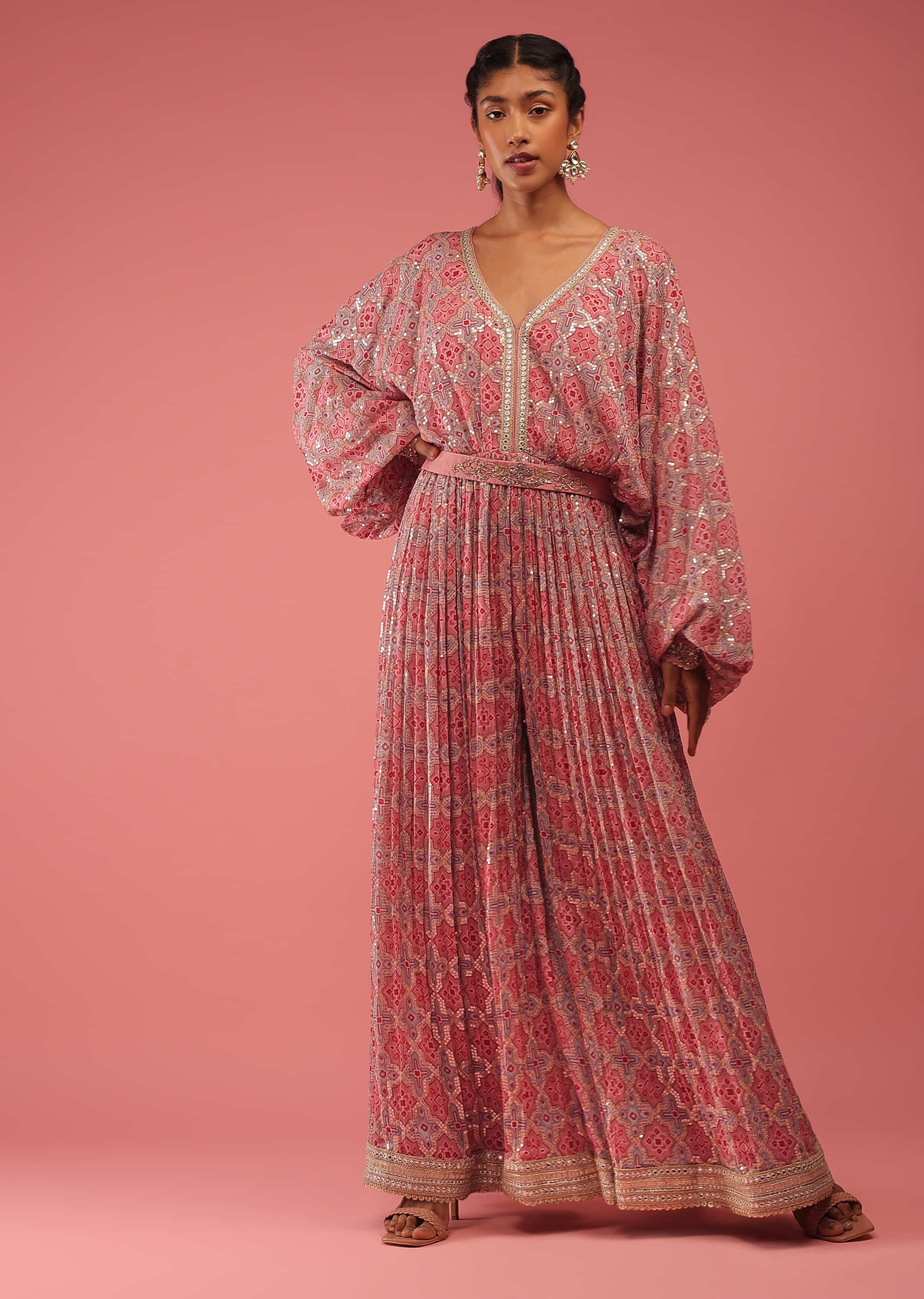 Mauve Pink Jumpsuit In Seamless Print With Golden Zari Embroidery, It Is Crafted In Organza With Balloon Sleeves