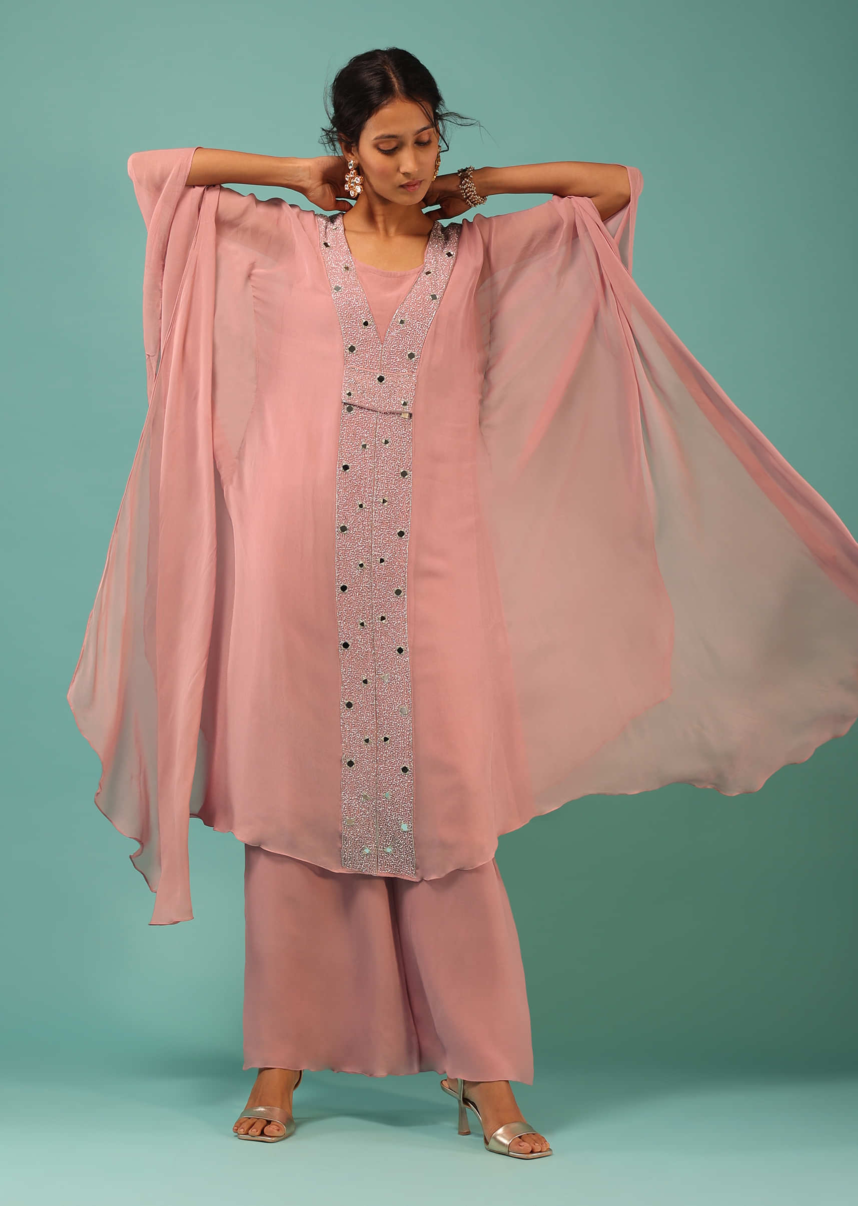 Buy Candy Pink Kaftan And Palazzo Suit In Georgette With Mirror Abla And  Moti Work