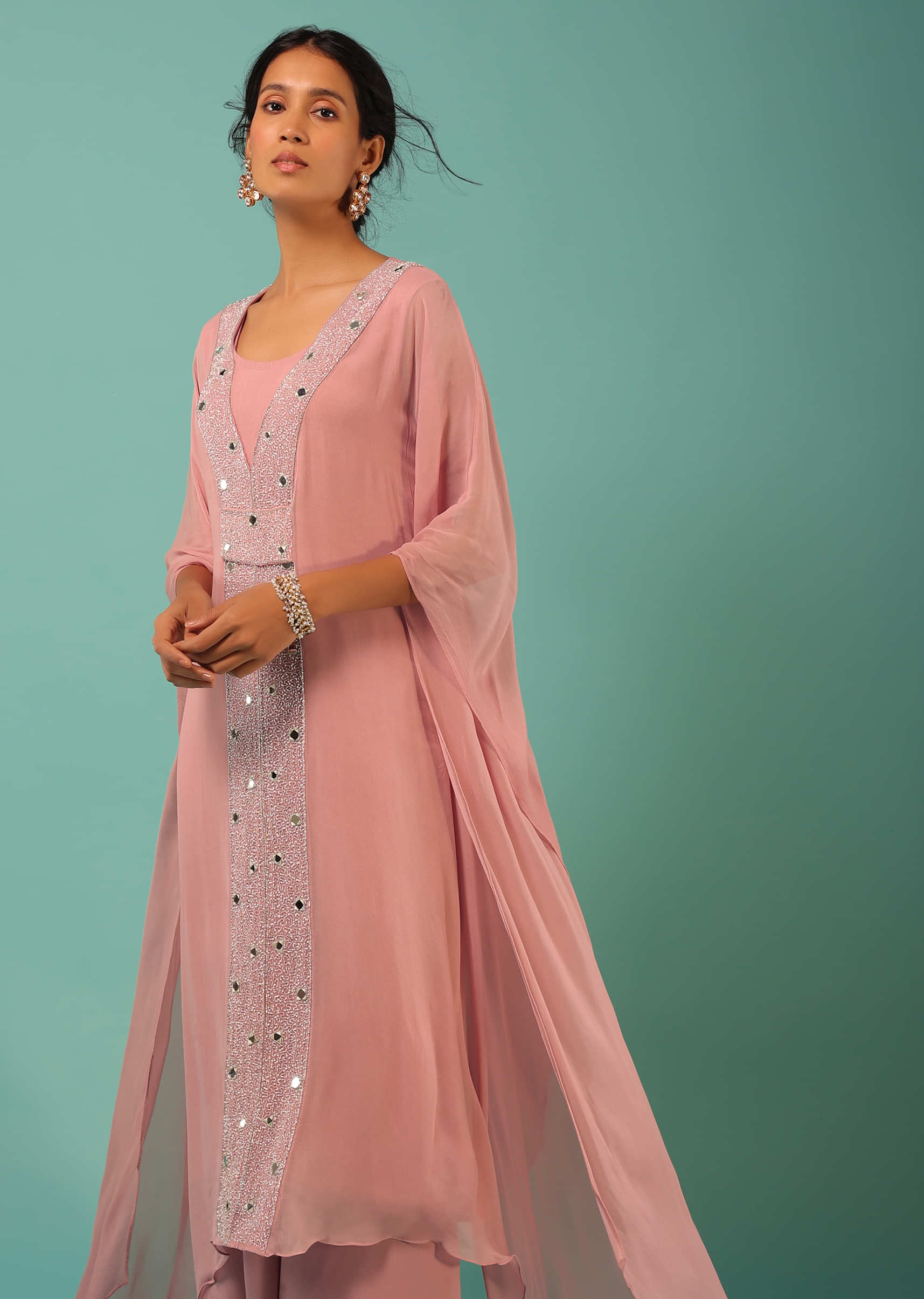 Candy Pink Kaftan And Palazzo Suit In Georgette With Mirror Abla And Moti Work