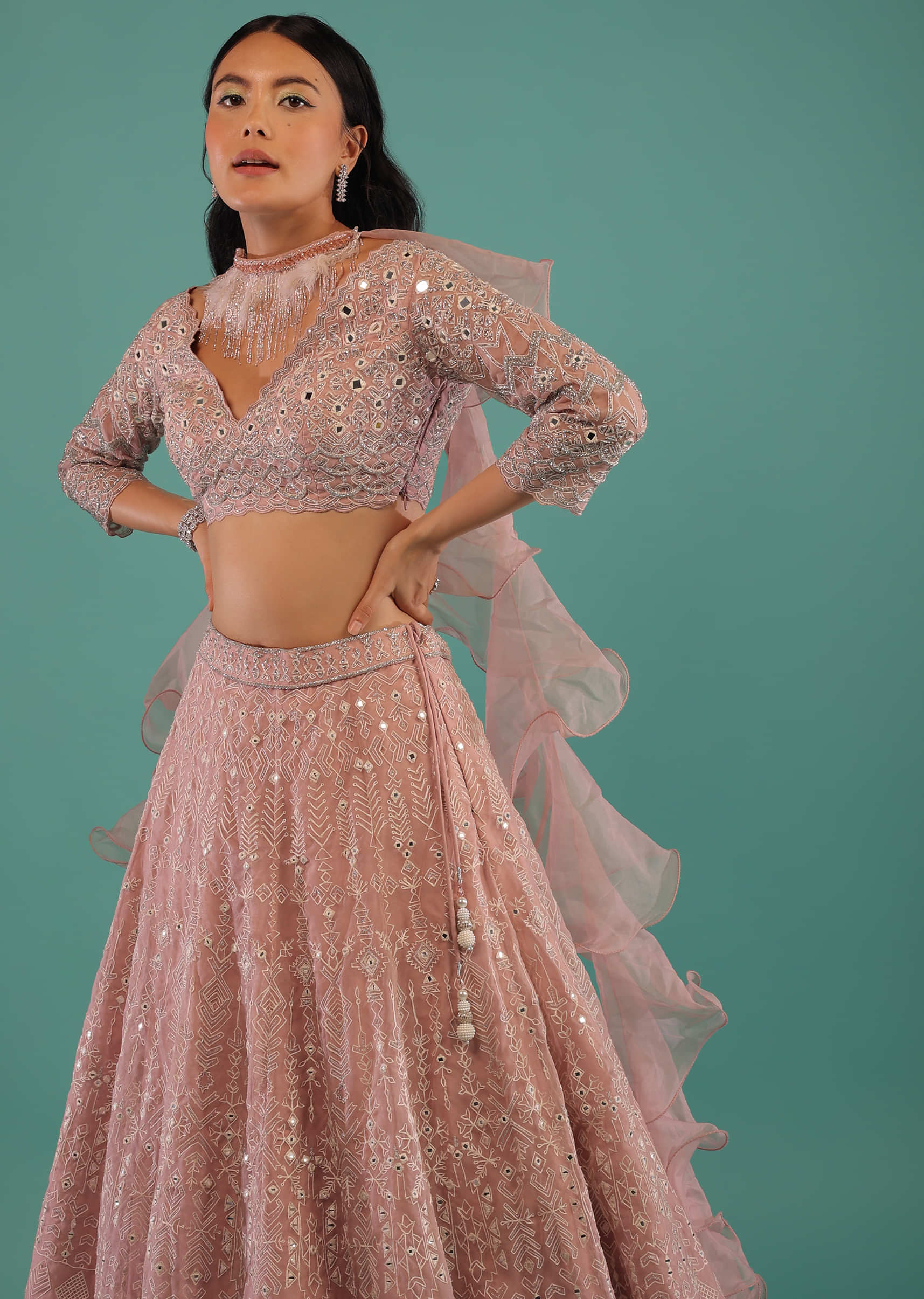 Mauve Pink Lehenga Choli In Organza With Abla And Resham Aari Work And Feather Detailed Ruffle Dupatta