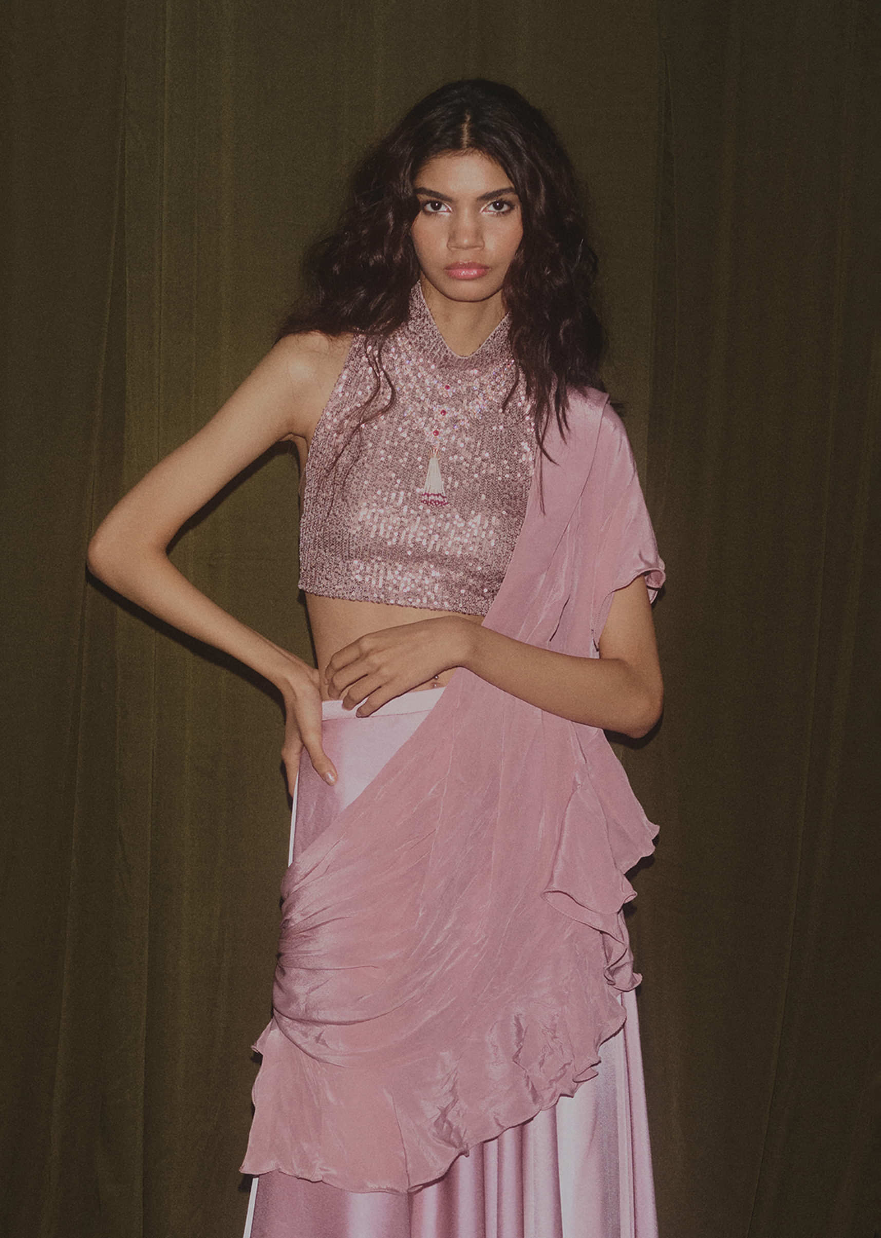 Mauve Pink Satin Skirt With Taupe Sequins Blouse Featuring Criss Cross Straps On The Back