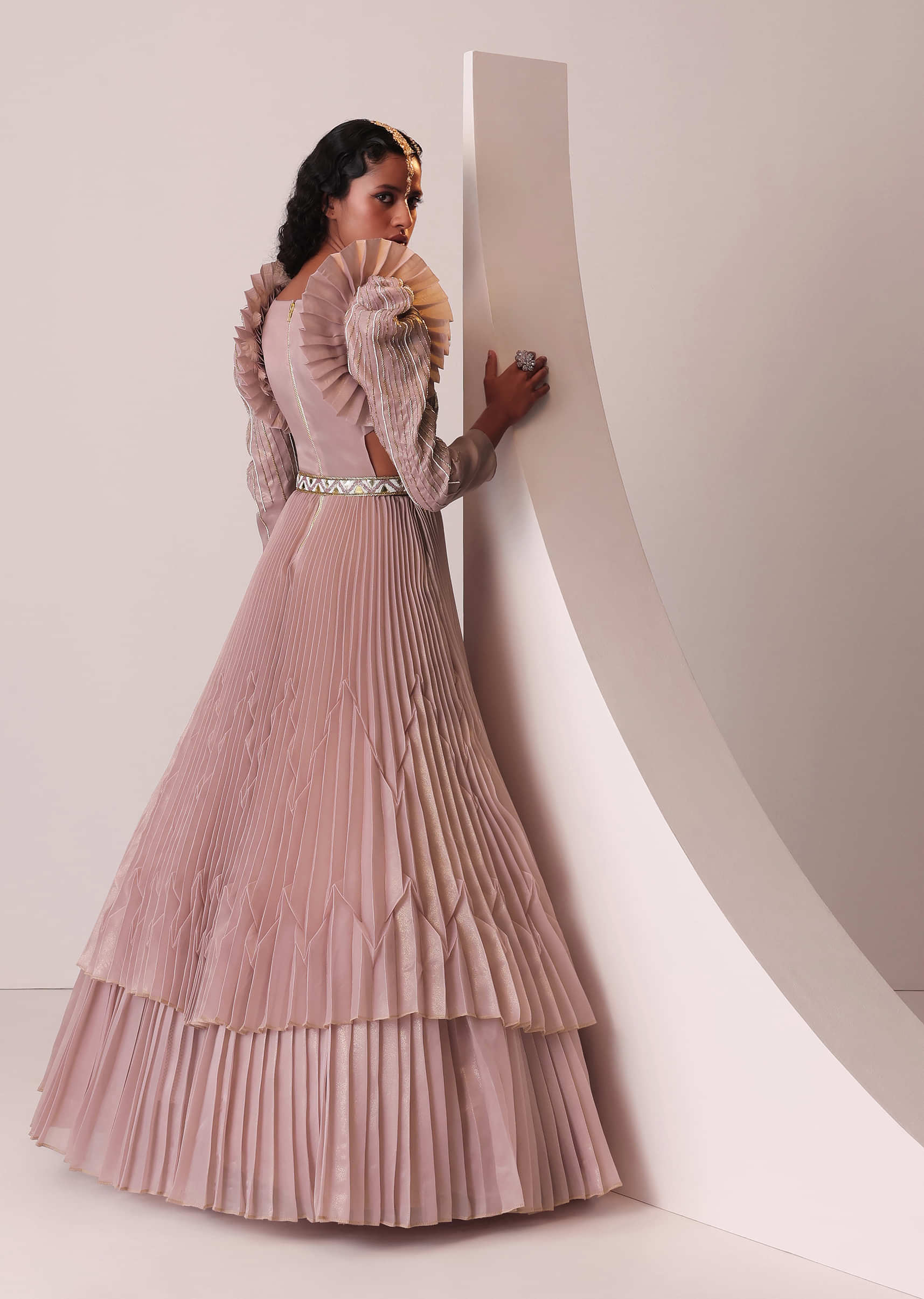 Buy Mauve Pink Tiered Embroidered Gown In Organza With Frill