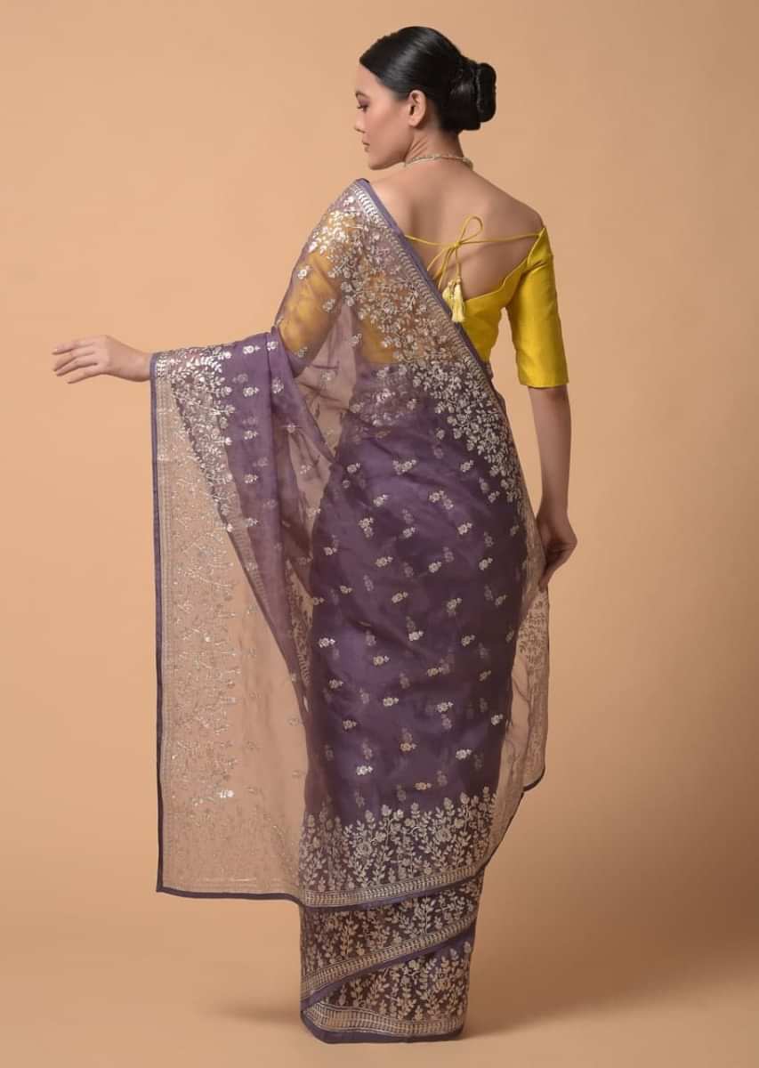 Mauve Purple Saree In Organza With Zari Cord Embroidery In Floral And Paisley Motifs
