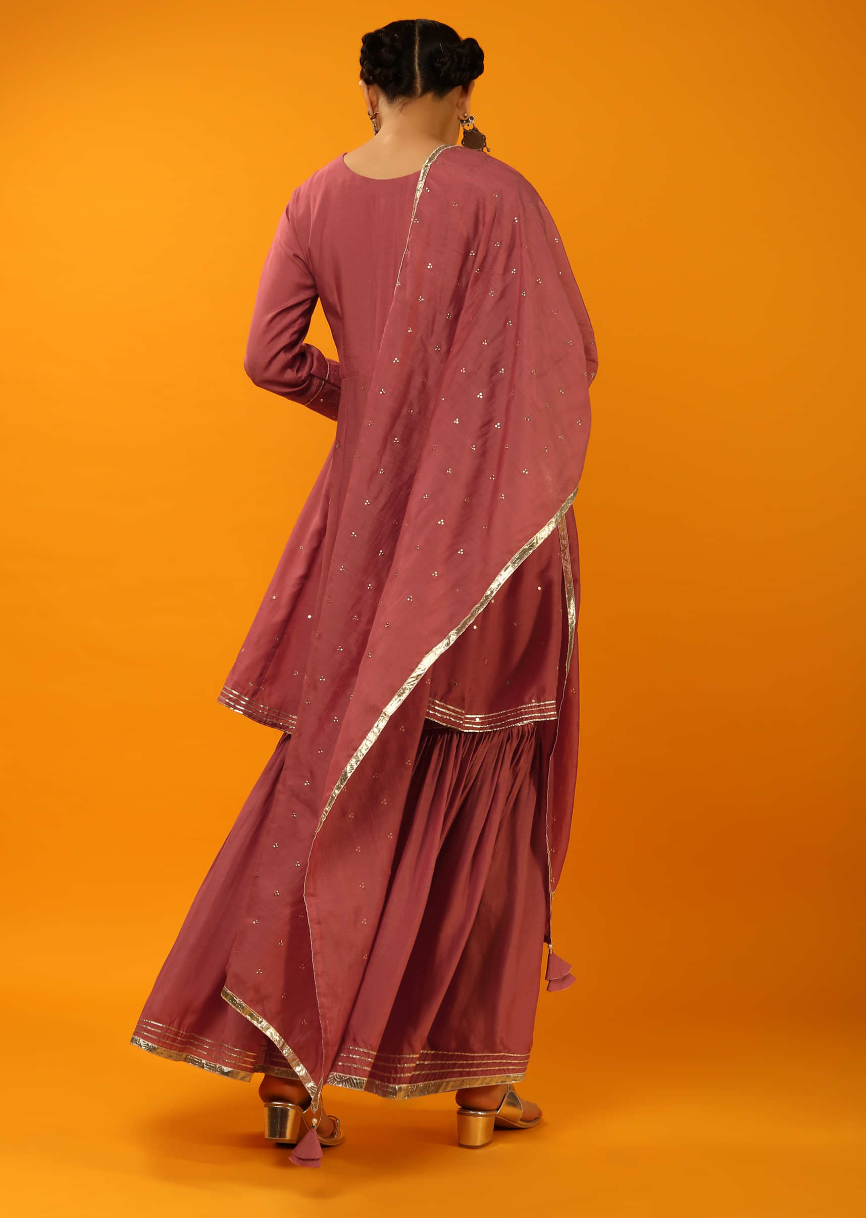 Mauve Rose Pink A Line Sharara Suit With Gotta Patti And Zari Embroidered Buttis Online - Re By Kalki