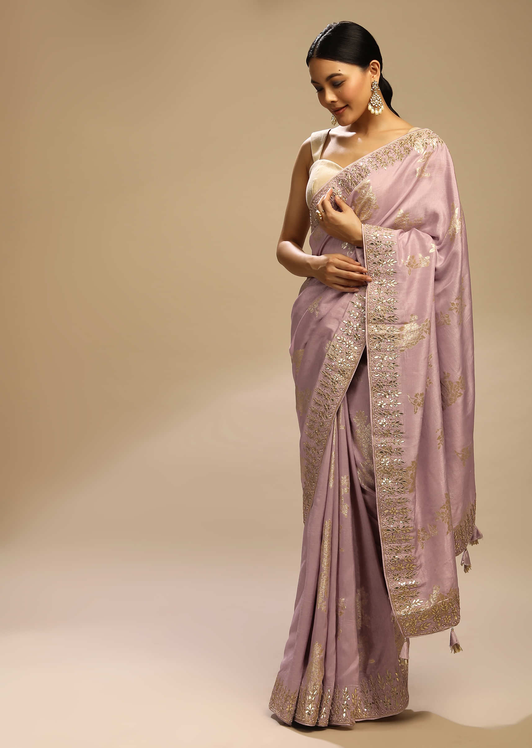 Mauve Shadows Saree In Dupion Silk With Woven Floral Motifs And Gotta Embroidered Floral Border