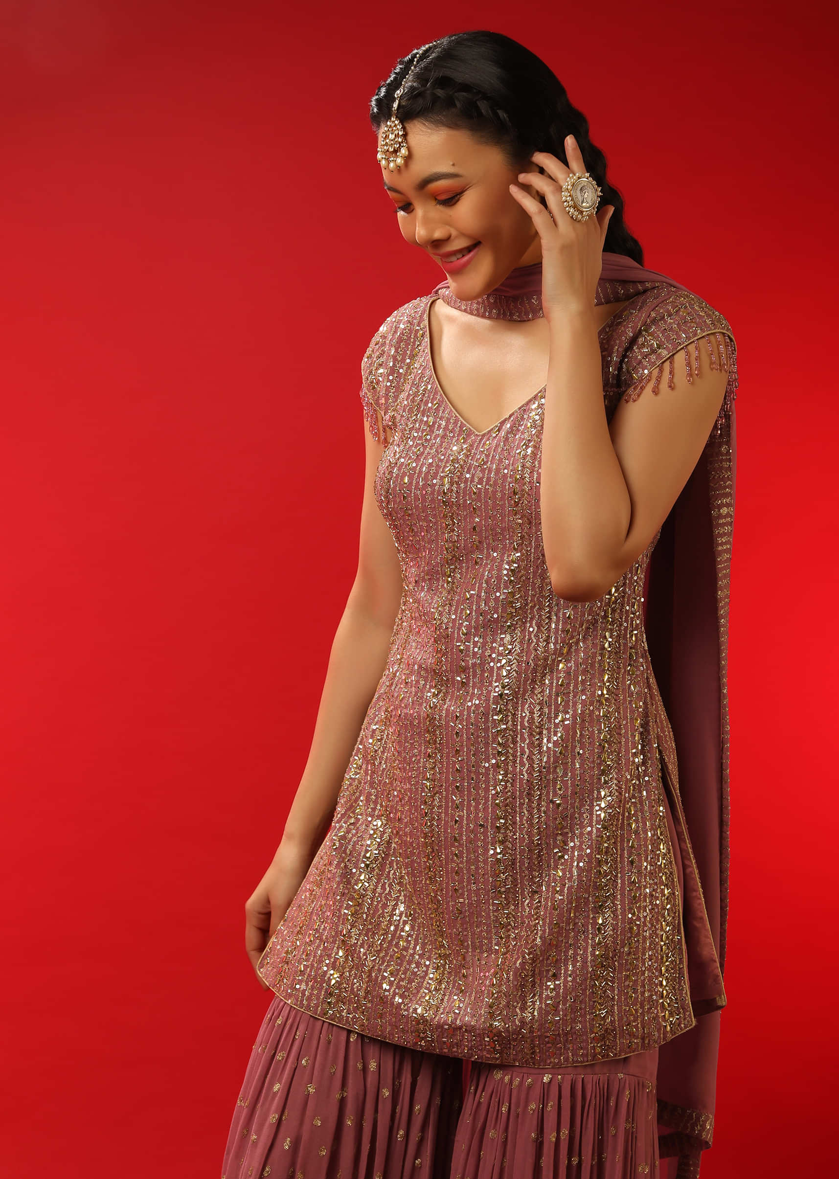 Mauve Sharara Suit In Georgette With Kundan And Zari Embroidered Stripes  