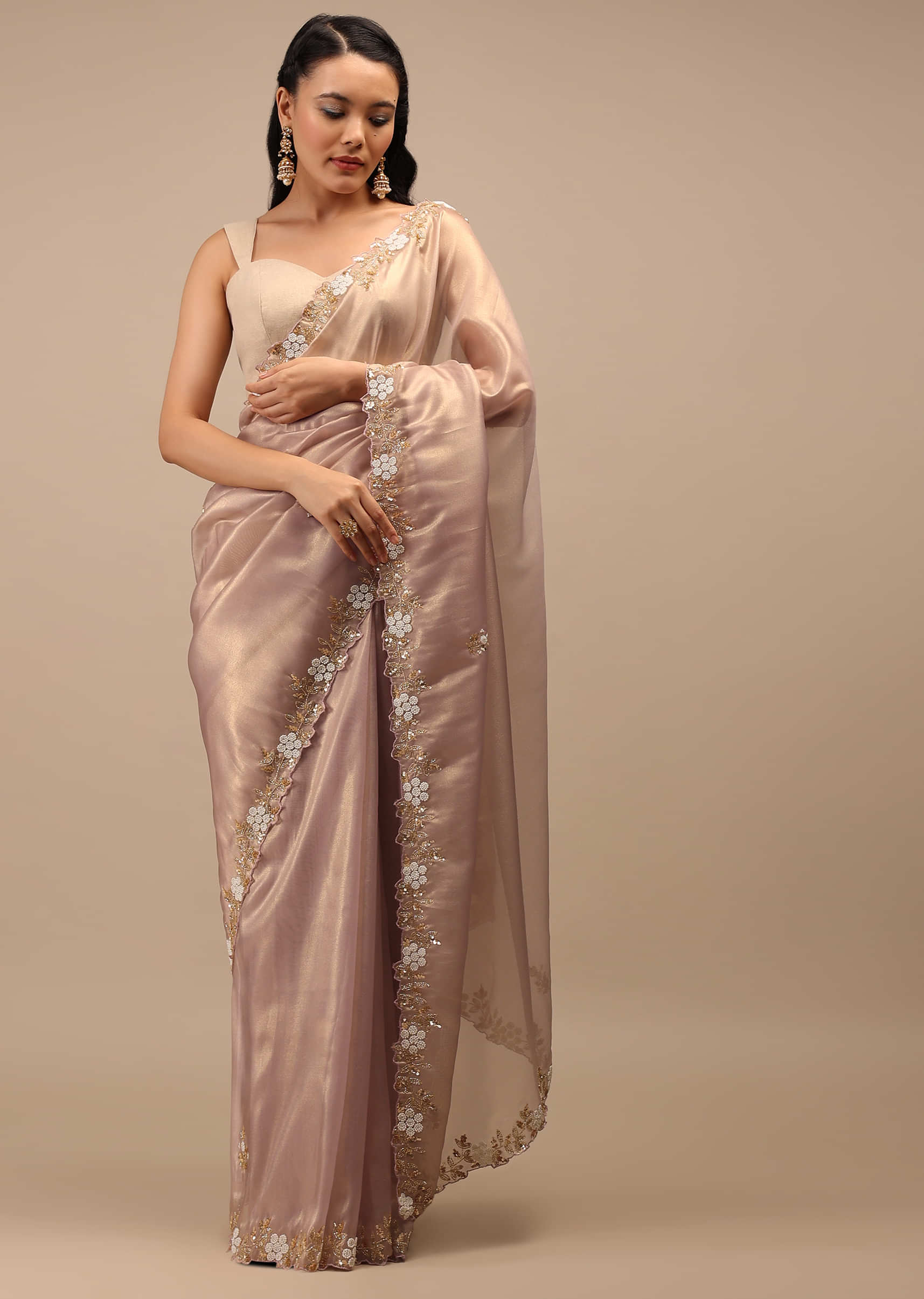 Mauve Tissue Saree In White Moti And Cut Dana Embroidery Buttis, Border Has Cutwork Embroidery Detailing