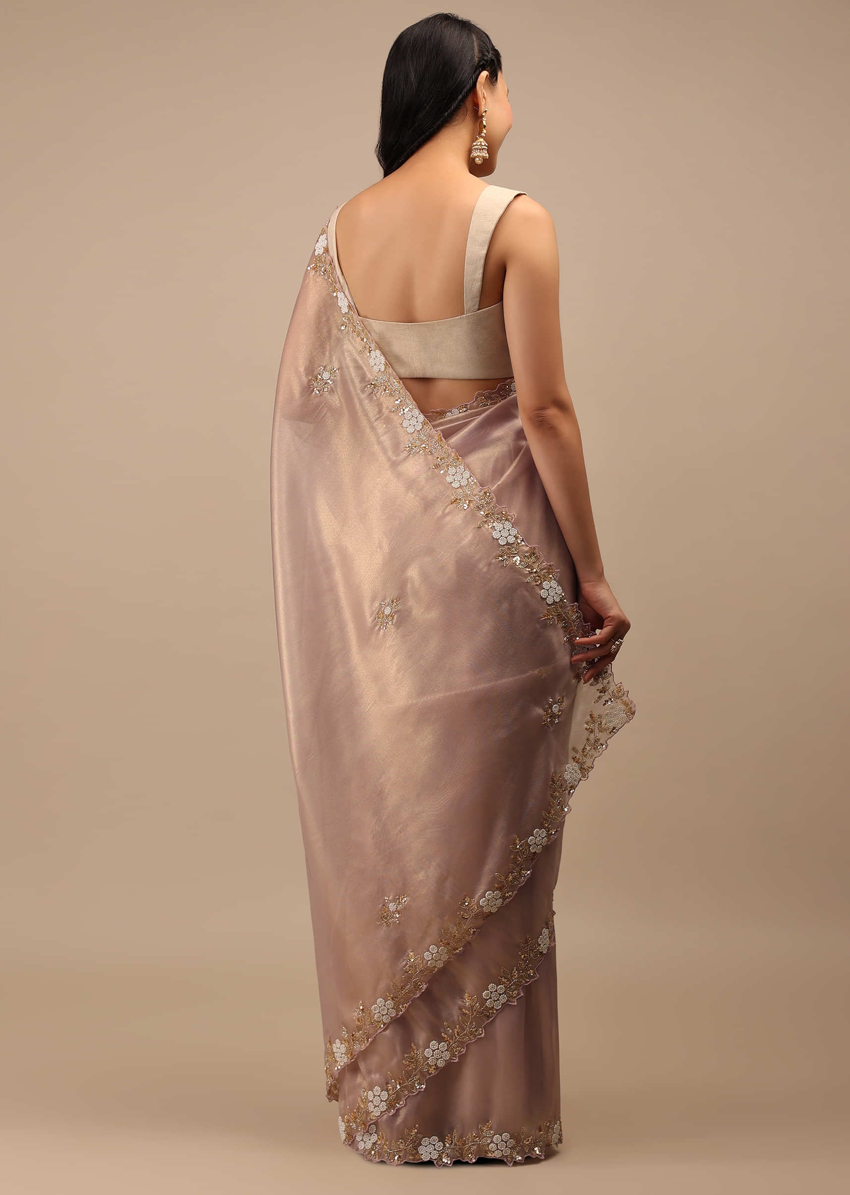 Mauve Tissue Saree In White Moti And Cut Dana Embroidery Buttis, Border Has Cutwork Embroidery Detailing