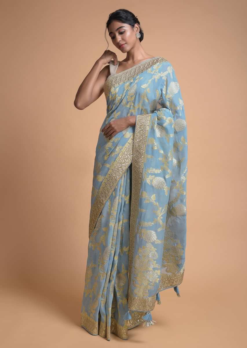 Buy Maya Blue Banarasi Saree In Georgette With Weaved Floral Jaal Online -  Kalki Fashion