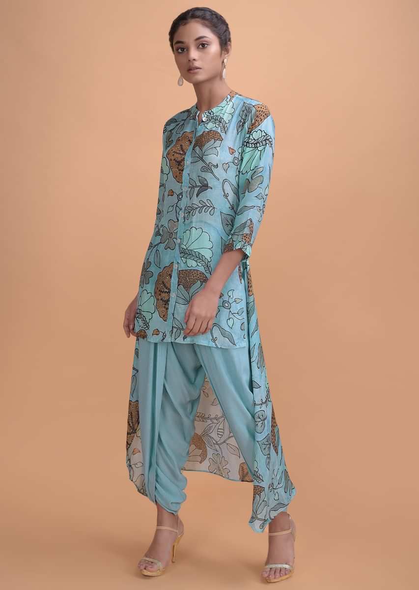 Maya Blue Dhoti Suit In Cotton Blend With Nature Inspired Print  
