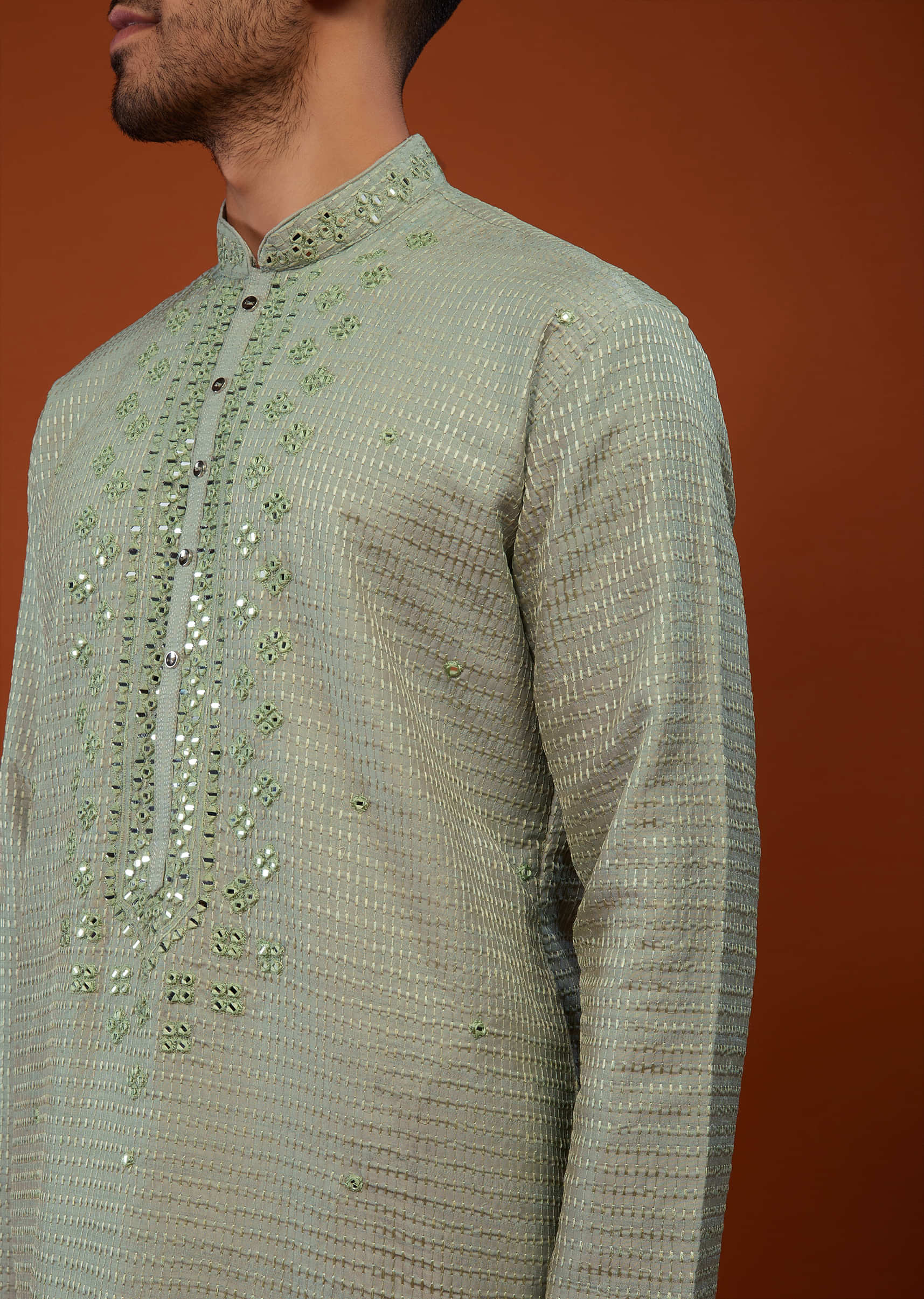 Meadow Mist Green Embroidered Kurta Set With Mirror Work In Cotton Silk