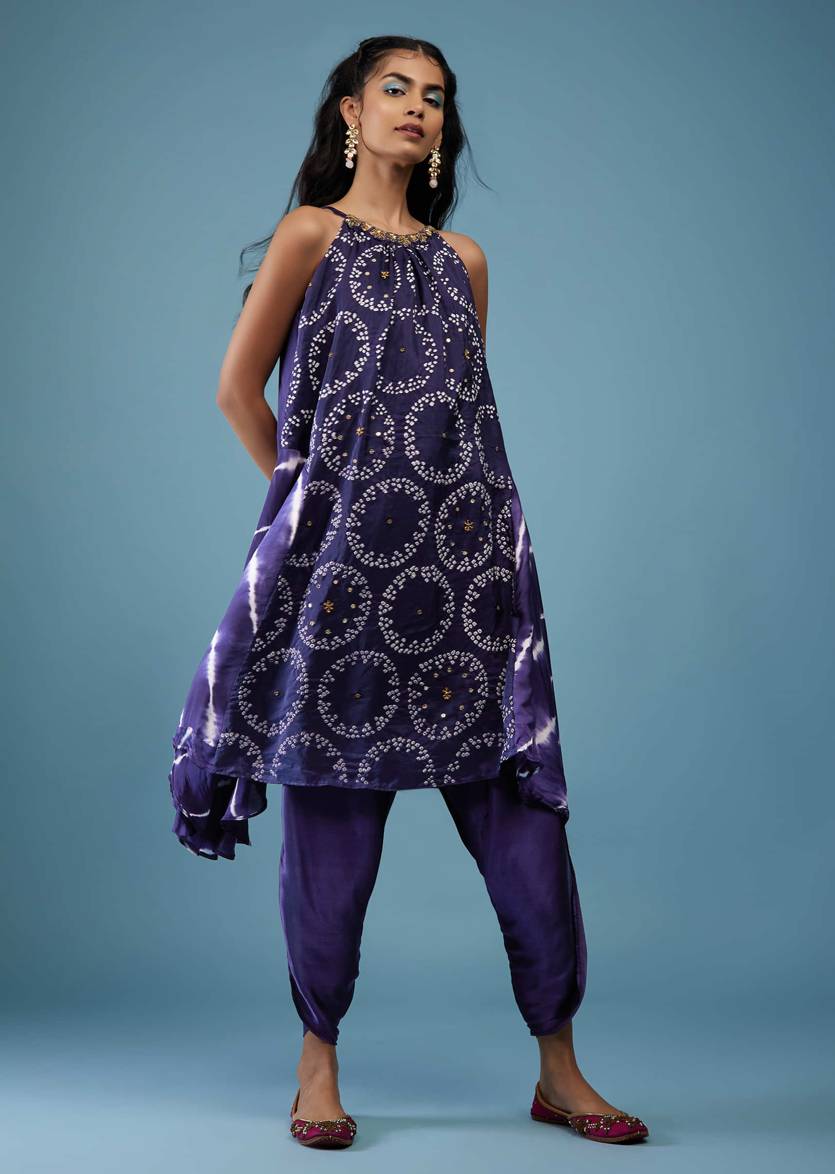 Medieval Blue Silk Bandhani Top With Tie-Dye Side Panel And Silk Dhoti Pants