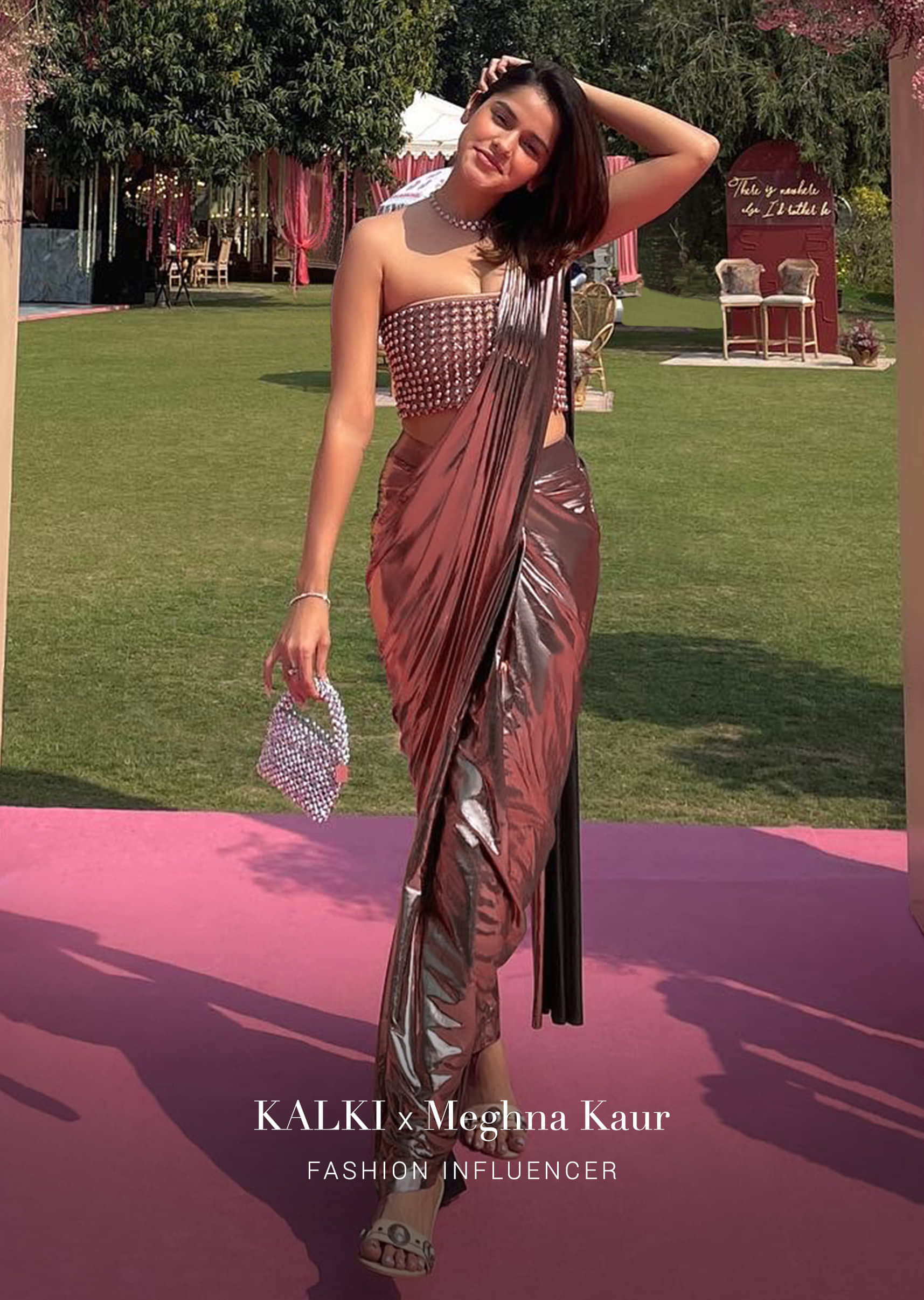 Burlwood Pink Ready Pleated Saree In Metallic Lycra With A Pearl Embroidered Bandeau Top