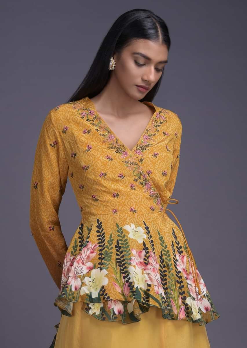 Buy Mellow Yellow Lehenga And Peplum Top In Angrakha Style With Floral ...