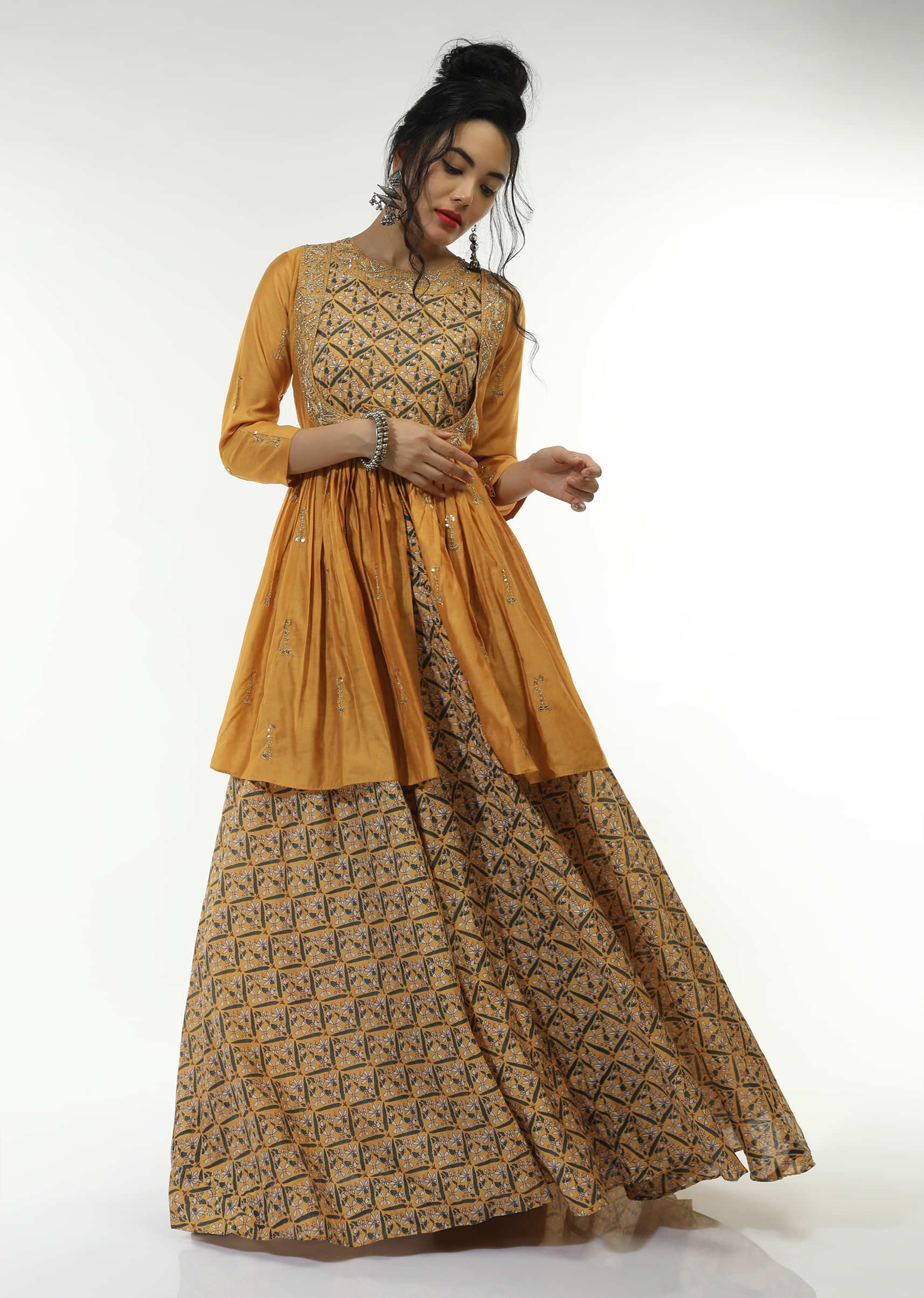Mellow Yellow Long Dress With Floral Jaal Print And An Attached Peplum Jacket With Front Tie Up And Zari Work  