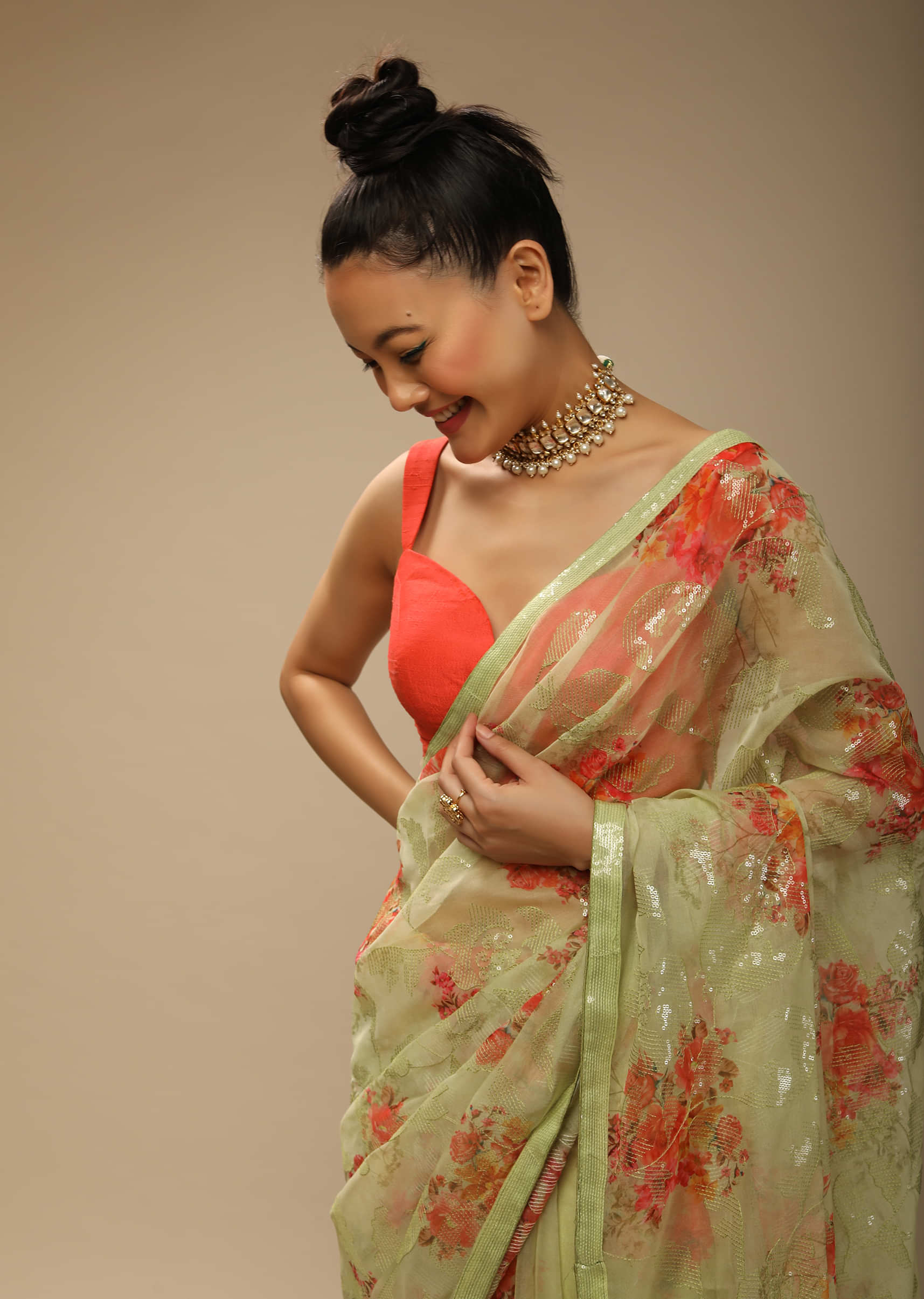 Mellow Green Saree In Organza Silk With Printed Floral Bouquets And Sequins Embroidery