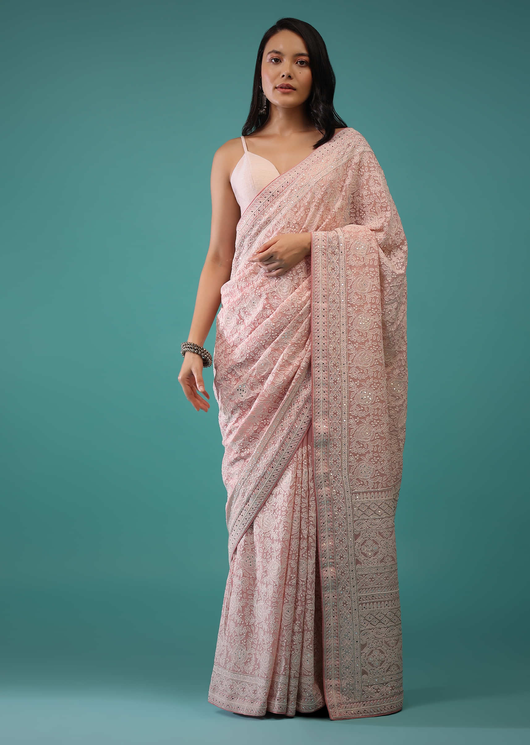 Mellow Rose Georgette Saree In Lucknowi Threadwork, Mirror Embroidery Buttis On The Border