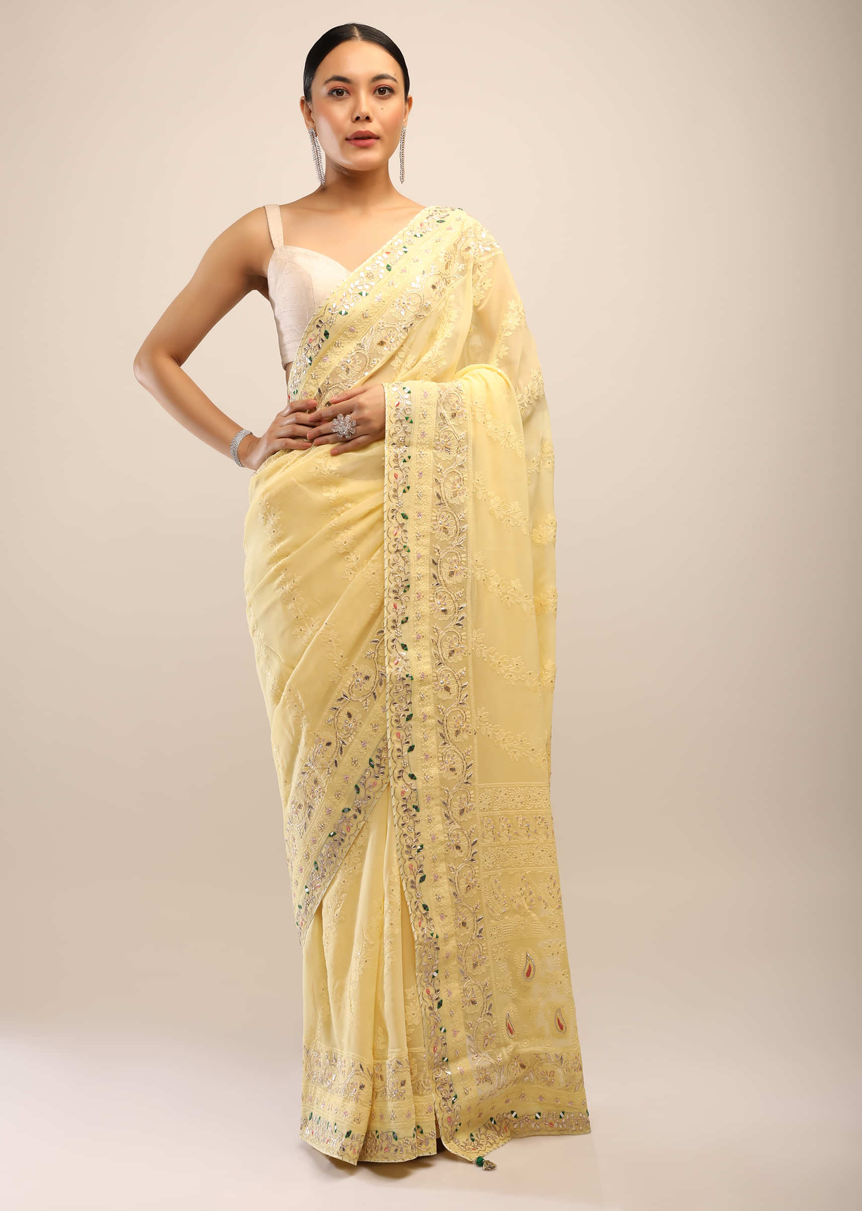 Mellow Yellow Saree In Georgette With Lucknowi Thread Embroidery And Mirror Abla Embroidery