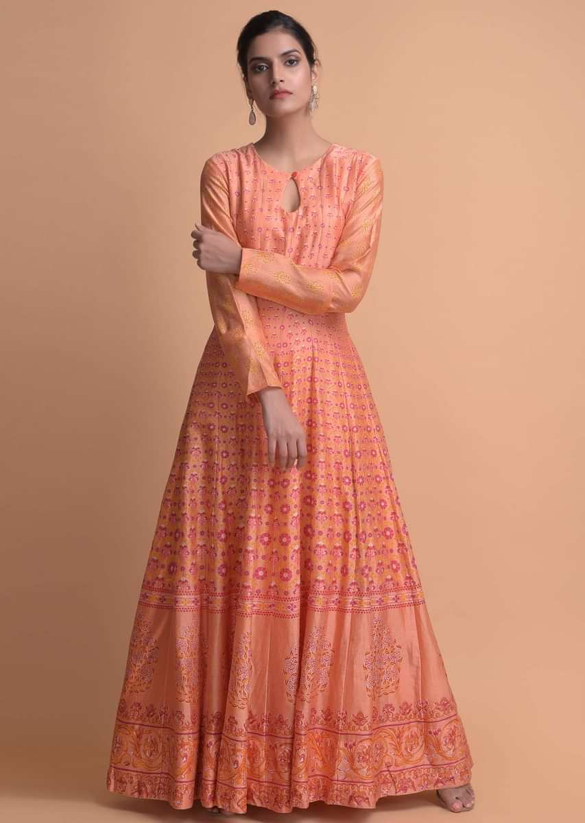 Melon Orange Anarkali Suit In Cotton Beautified With Floral Pattern Online - Kalki Fashion