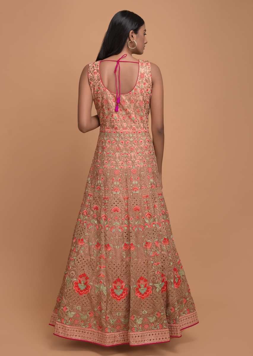 Buy Melon Peach Anarkali Suit In Net With Resham Embroidered Floral ...