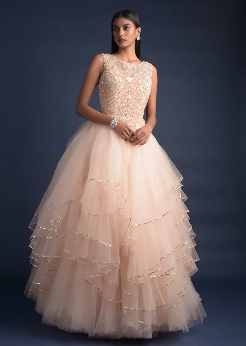 Buy Melon Peach Ball Gown With Fancy Layers And Embroidered Floral