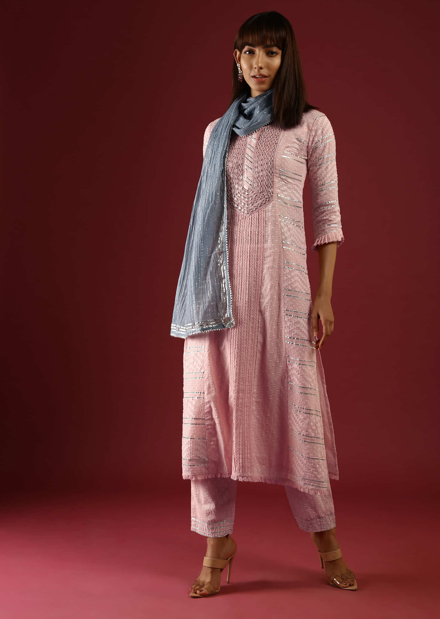 Melon Peach Straight Cut Suit In Cotton With Foil Work On The Yoke And Gotta Lace Stripes  