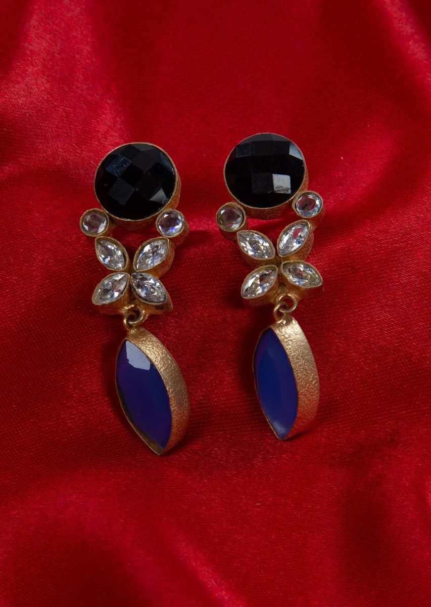 Metal Coated Dangler Earring Adorn With Black And Royal Blue Stone Online - Kalki Fashion