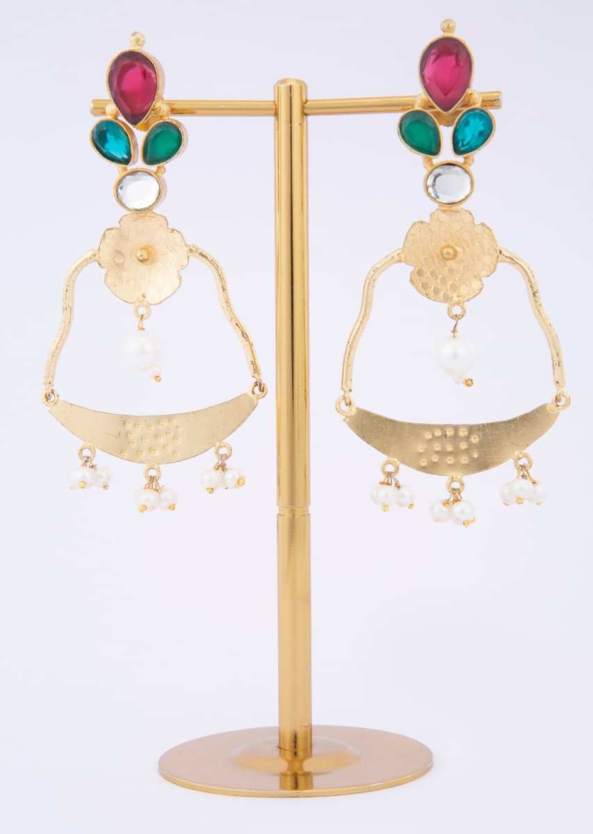 Metal coated fancy party wear earring adorn with ruby, emerald and turquoise semi precious stone only on Kalki