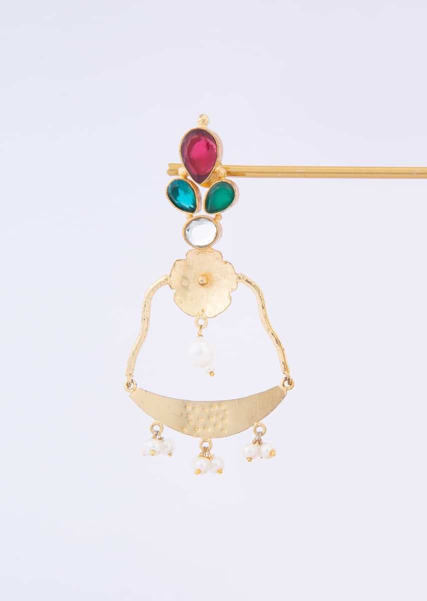 Metal coated fancy party wear earring adorn with ruby, emerald and turquoise semi precious stone only on Kalki